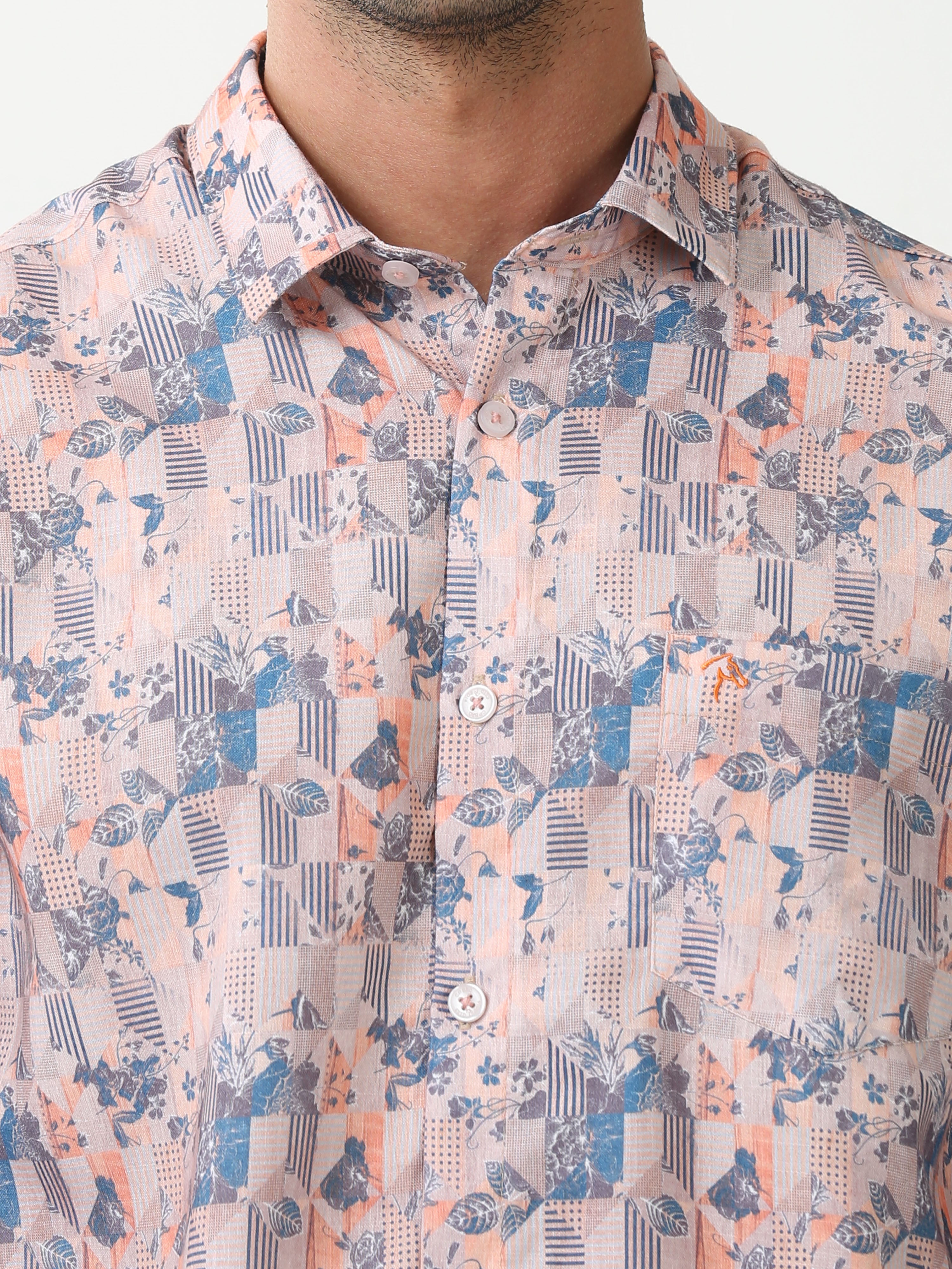 Classic Polo Mens Cotton Full Sleeve Printed Slim Fit Polo Neck Peach Color Casual Shirt | SBO2-97 A-FS-PRT-BSL