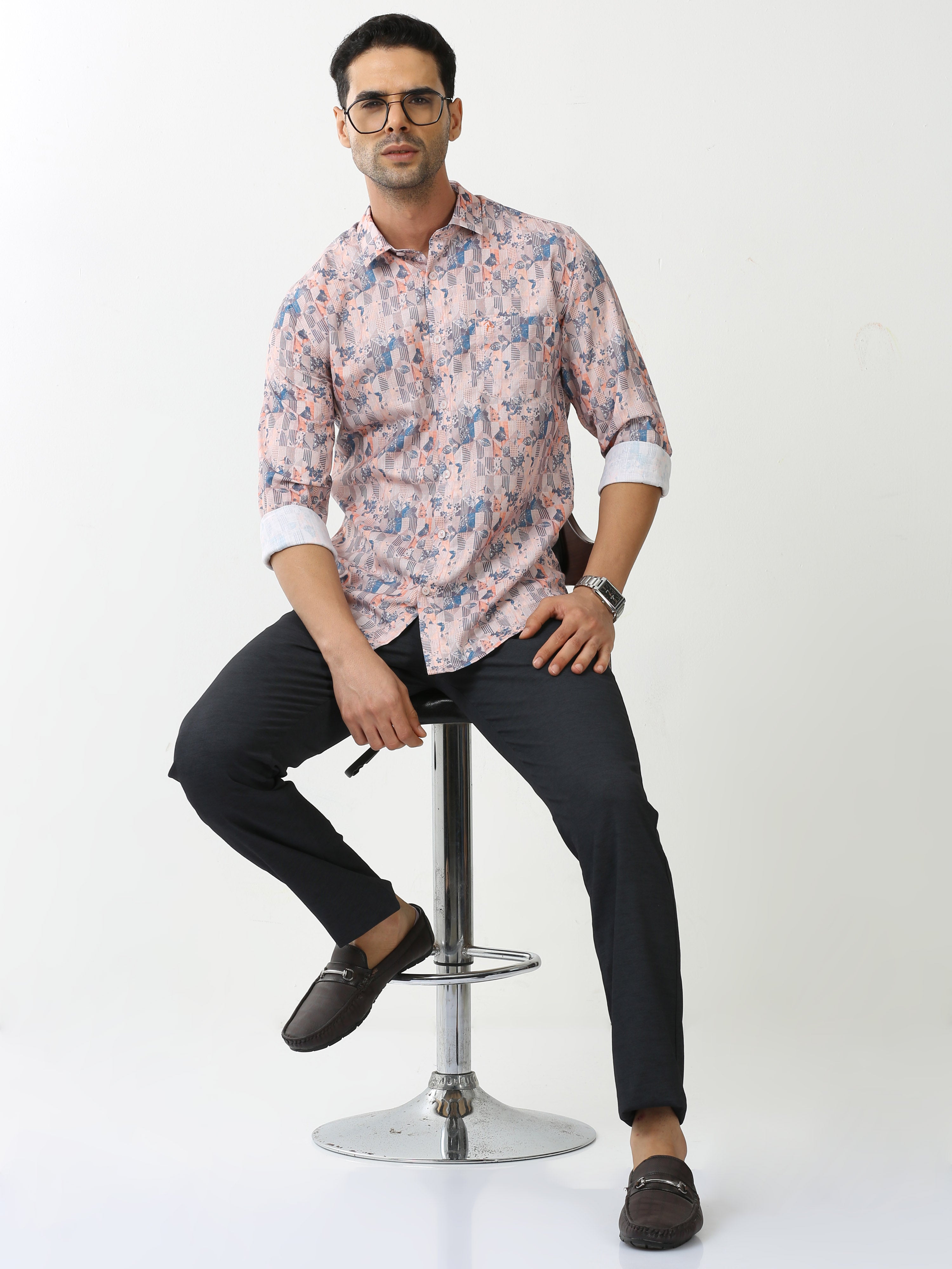 Classic Polo Mens Cotton Full Sleeve Printed Slim Fit Polo Neck Peach Color Casual Shirt | SBO2-97 A-FS-PRT-BSL