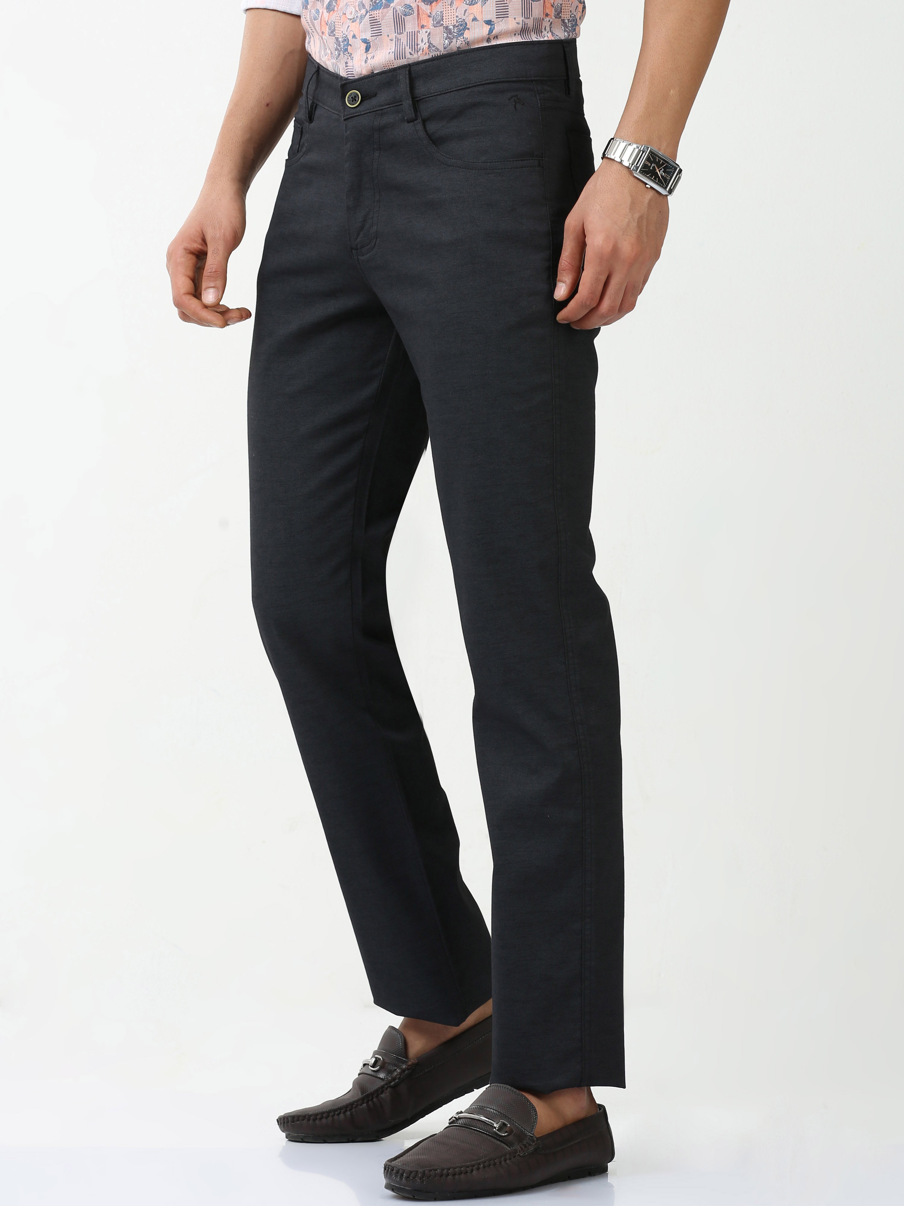 Classic Polo Mens Cotton Solid Chiesel Fit Black Color Trouser | TBO2-28 D-BLK-CF-LY