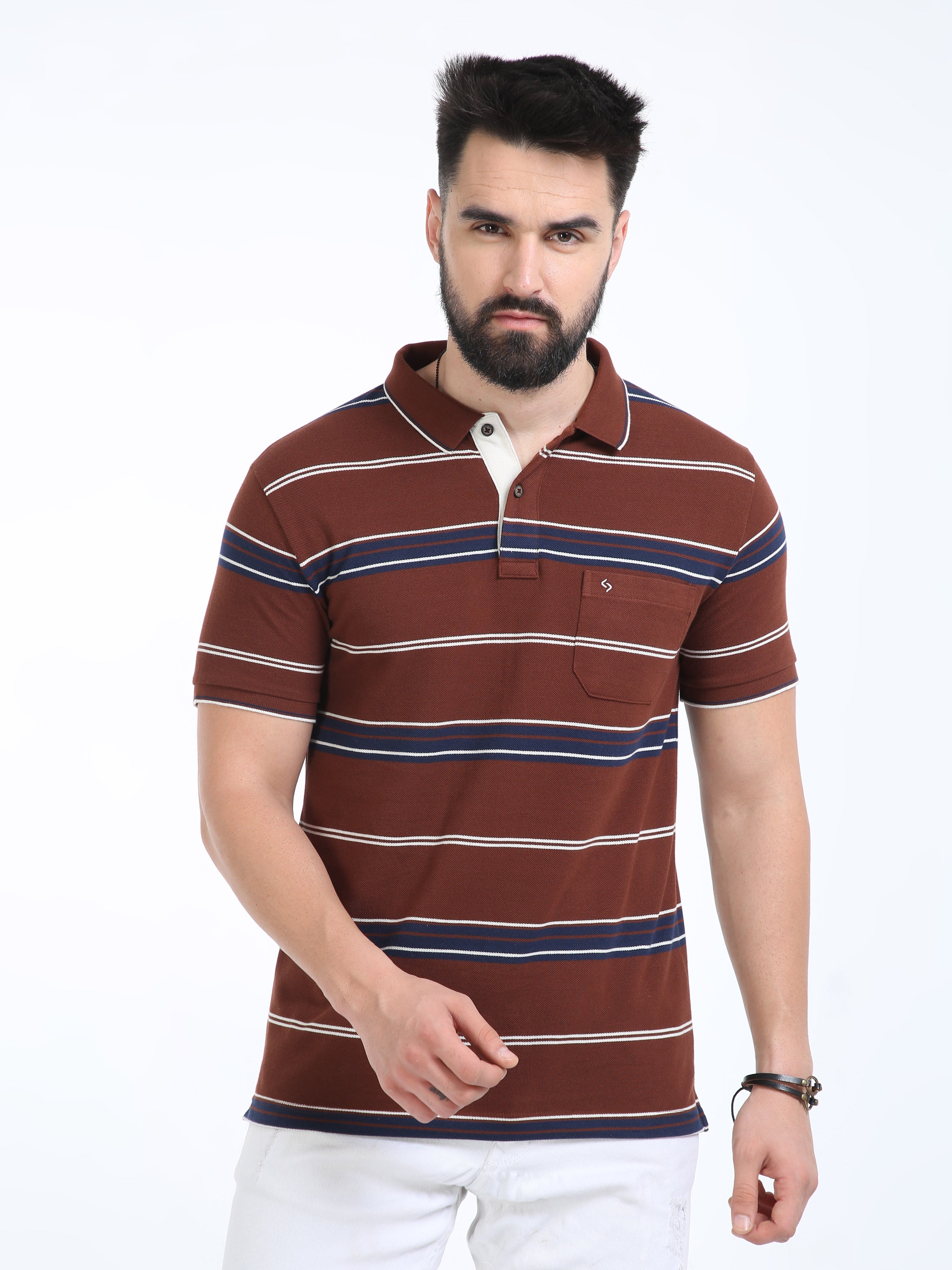 Classic Polo Mens Casual Burgundy Striped Cotton T-Shirt | F-ADORE - 109 B SF P