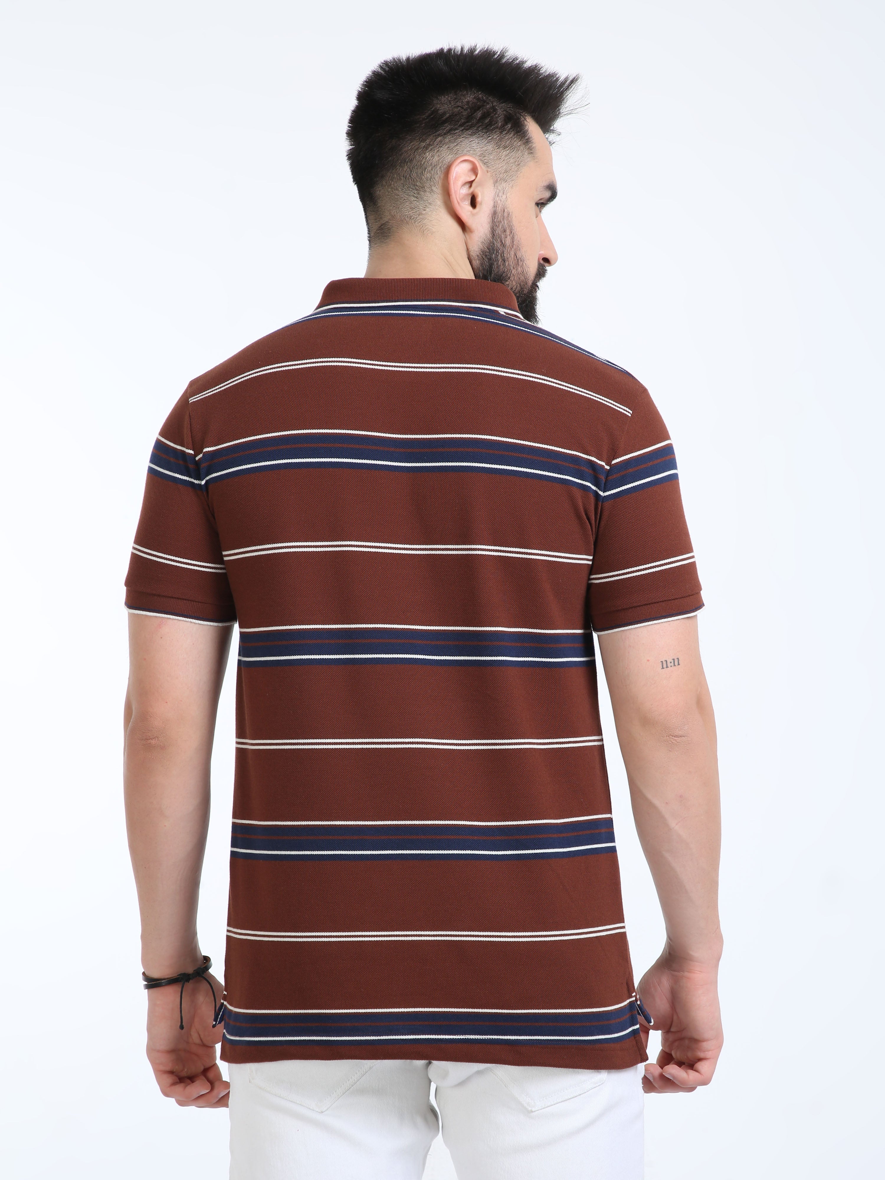 Classic Polo Mens Casual Burgundy Striped Cotton T-Shirt | F-ADORE - 109 B SF P