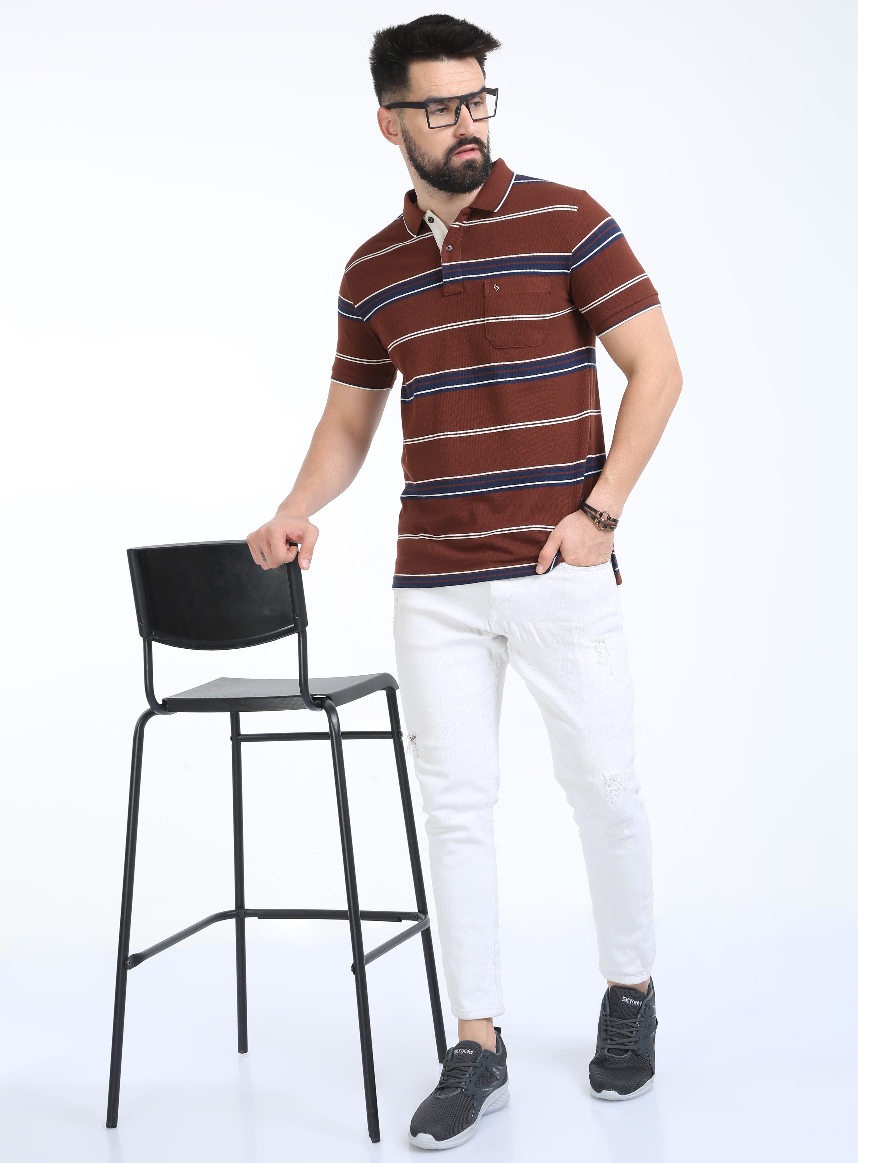 Classic Polo Mens Casual Burgundy Striped Cotton T-Shirt | F-ADORE - 109 B SF P