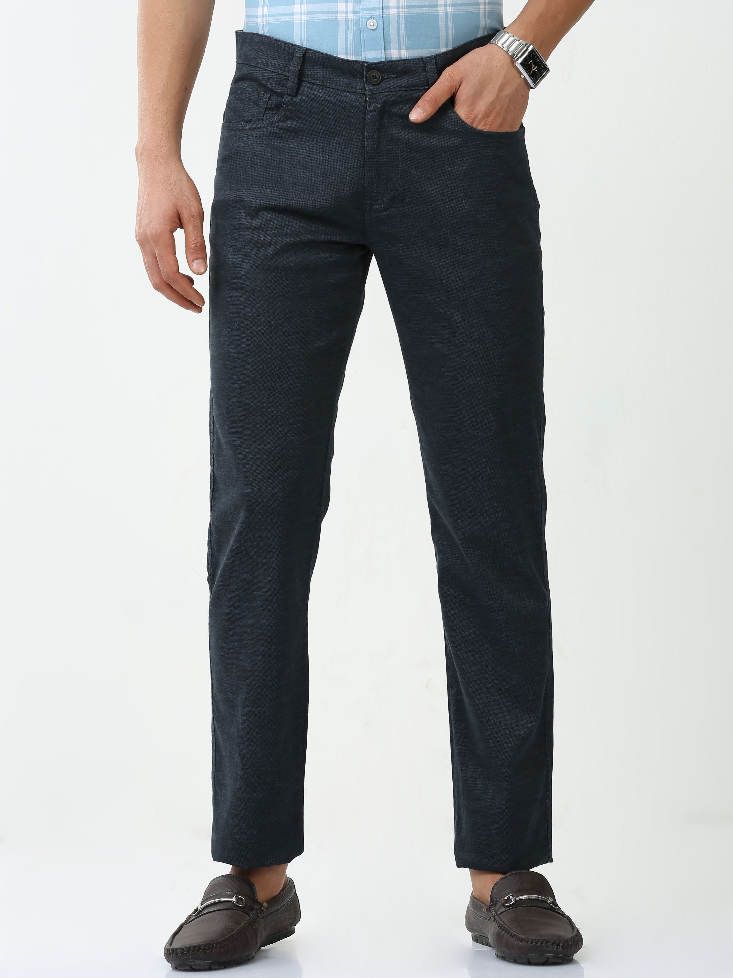 Classic Polo Mens Cotton Solid Chiesel Fit Navy Blue Color Trouser | TBO2-28 C-NVY-CF-LY