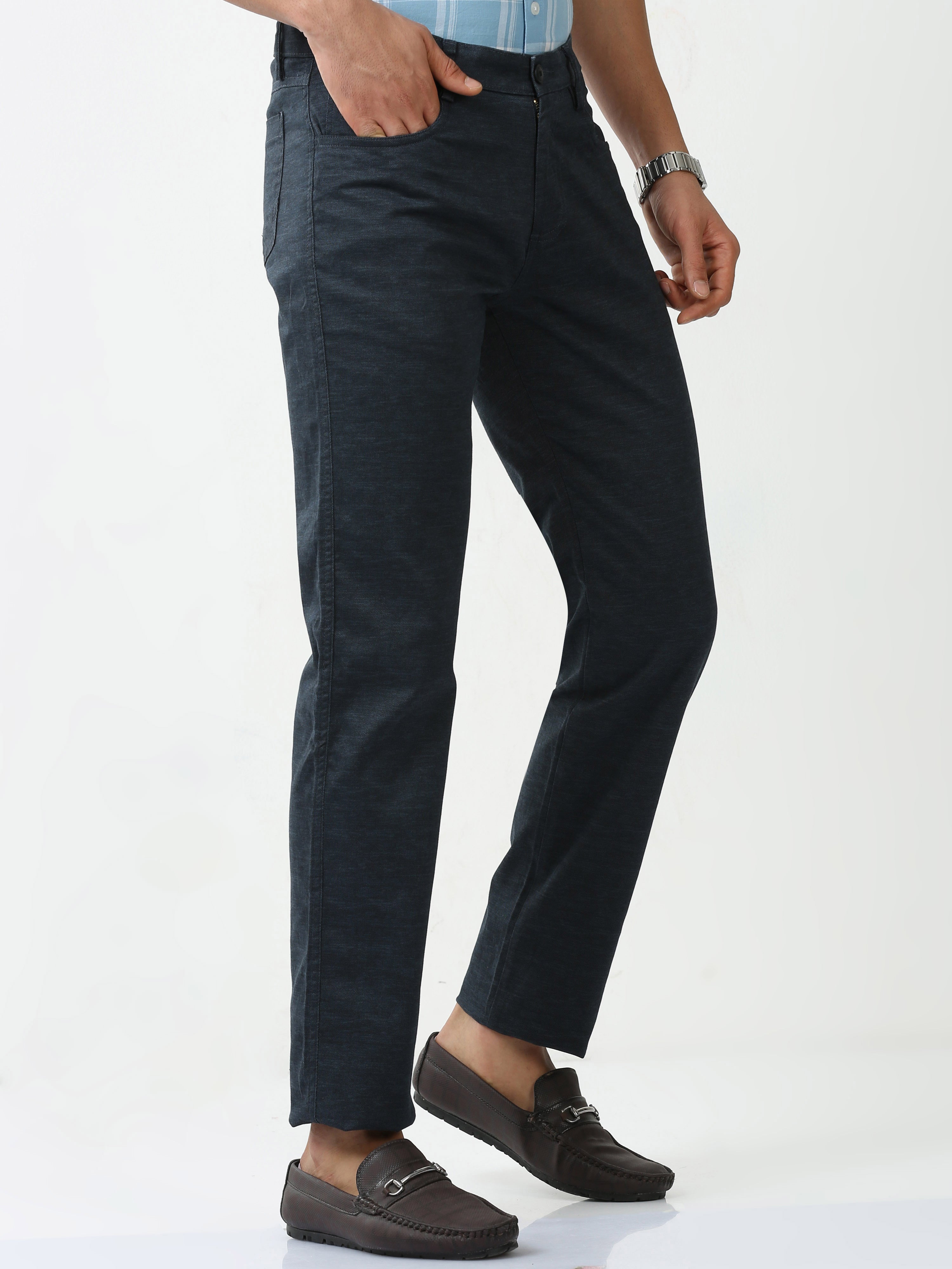 Classic Polo Mens Cotton Solid Chiesel Fit Navy Blue Color Trouser | TBO2-28 C-NVY-CF-LY