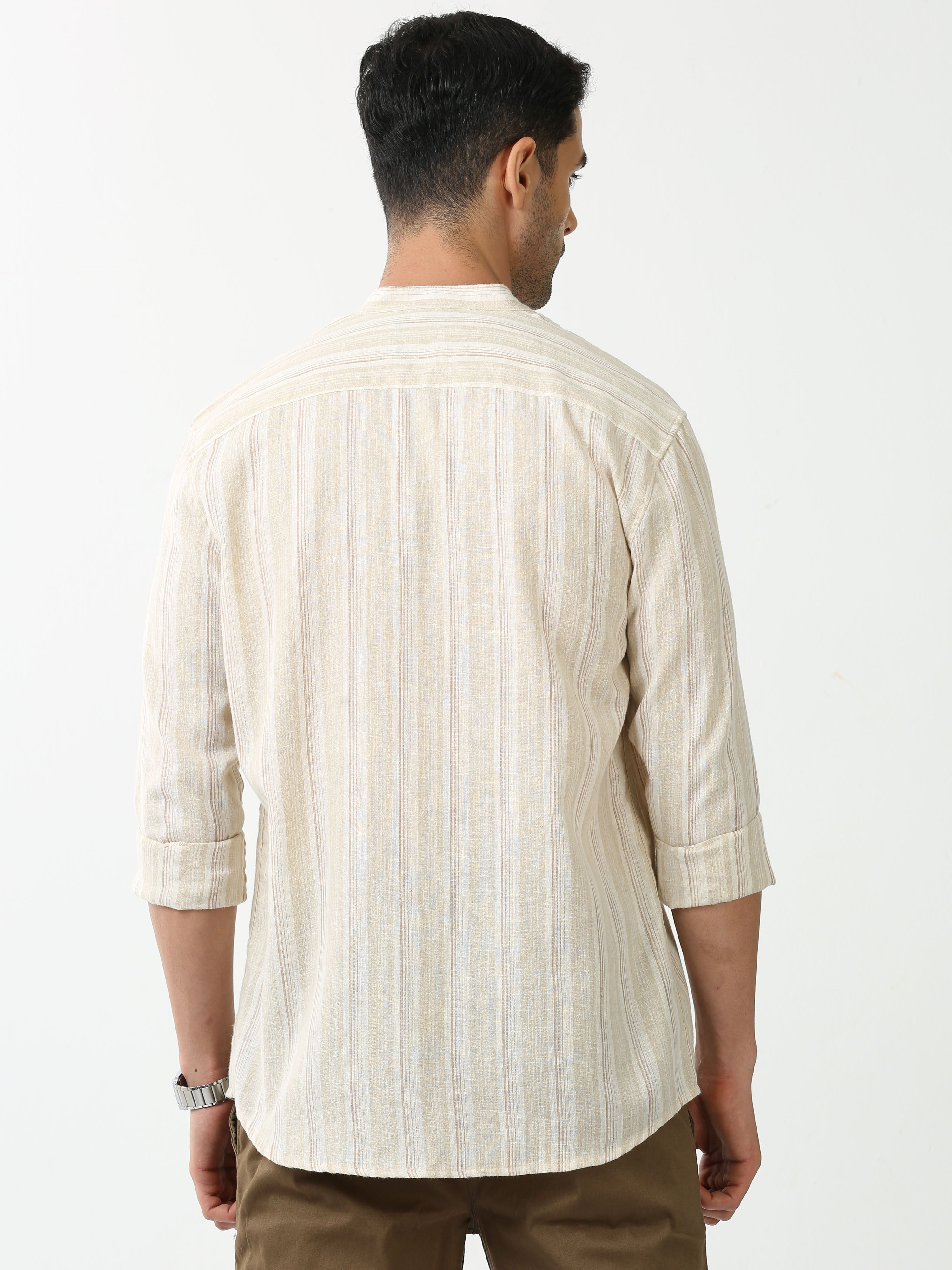 Classic Polo Mens Cotton Full Sleeve Striped Slim Fit Mandrain Neck Off-White Color Kurta | SO2-140 A-KURTA-FS-STR-SF