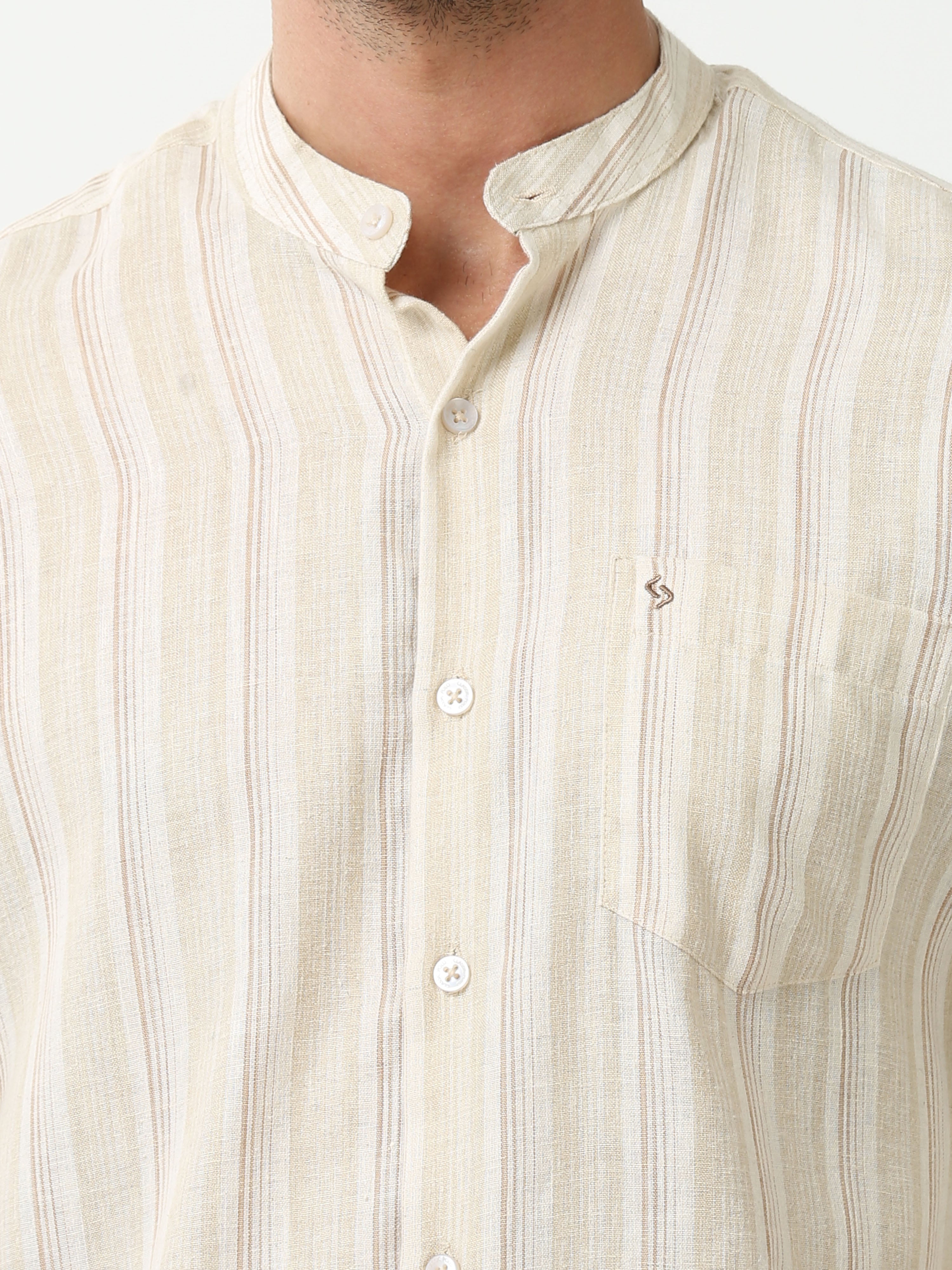 Classic Polo Mens Cotton Full Sleeve Striped Slim Fit Mandrain Neck Off-White Color Kurta | SO2-140 A-KURTA-FS-STR-SF