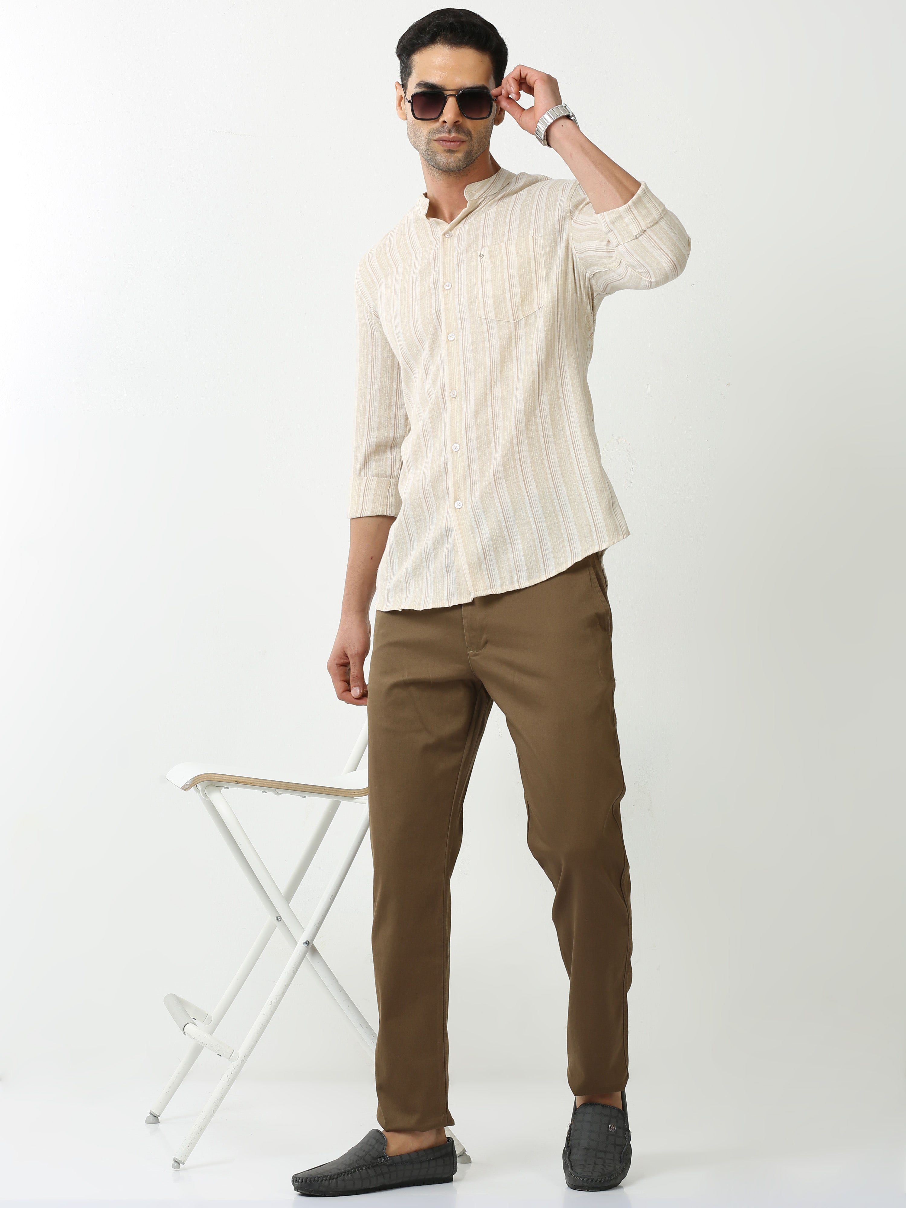 Classic Polo Mens Cotton Full Sleeve Striped Slim Fit Mandrain Neck Off-White Color Kurta | SO2-140 A-KURTA-FS-STR-SF