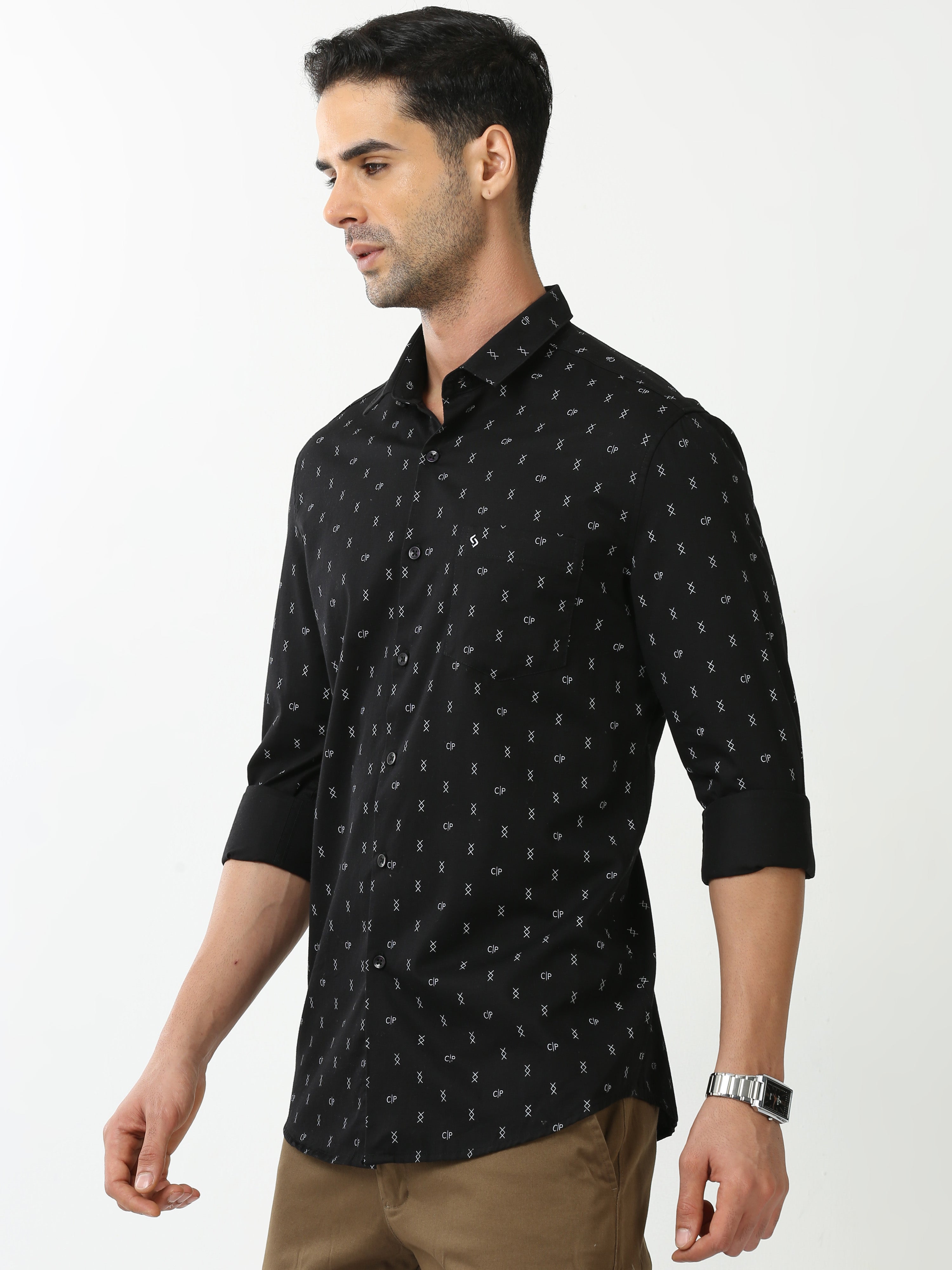 Classic Polo Mens Cotton Full Sleeve Printed Slim Fit Polo Neck Black Color Casual Shirt | SO2-120 B-FS-PRT-SF