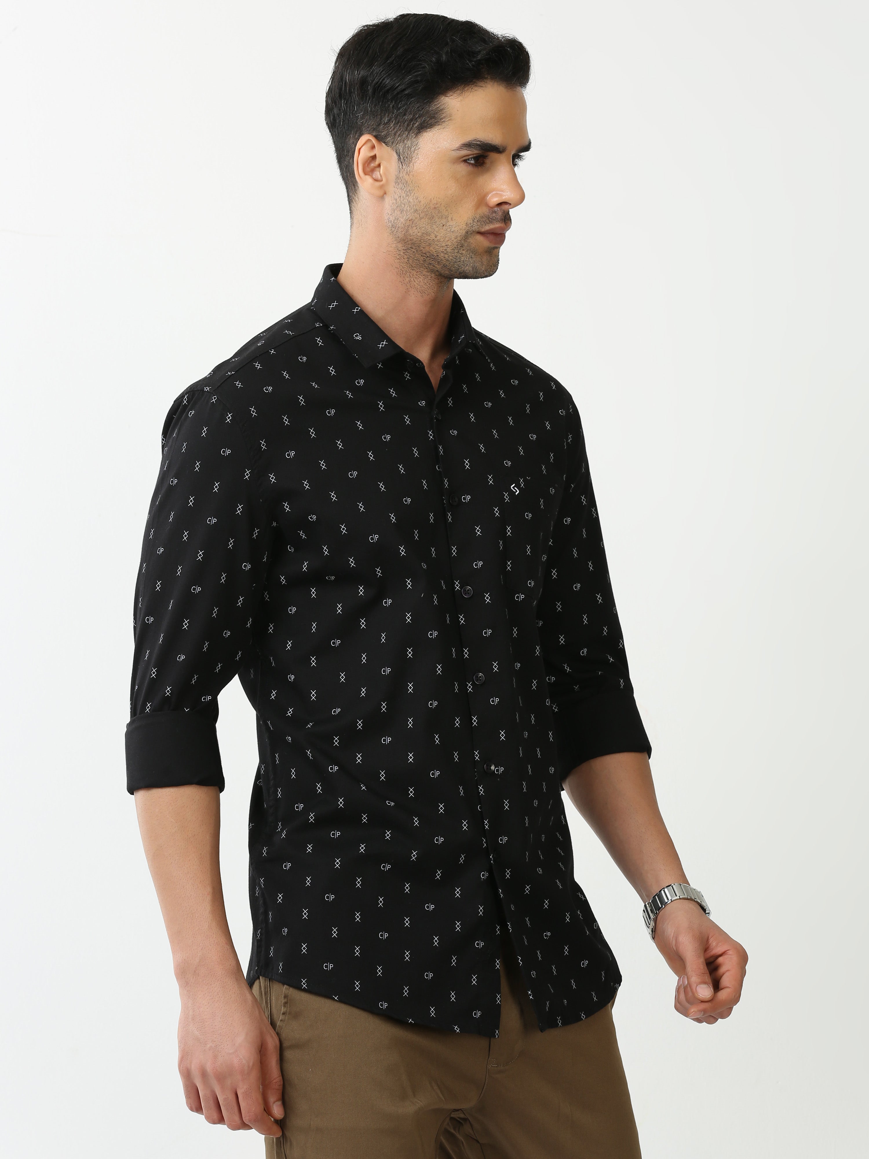 Classic Polo Mens Cotton Full Sleeve Printed Slim Fit Polo Neck Black Color Casual Shirt | SO2-120 B-FS-PRT-SF
