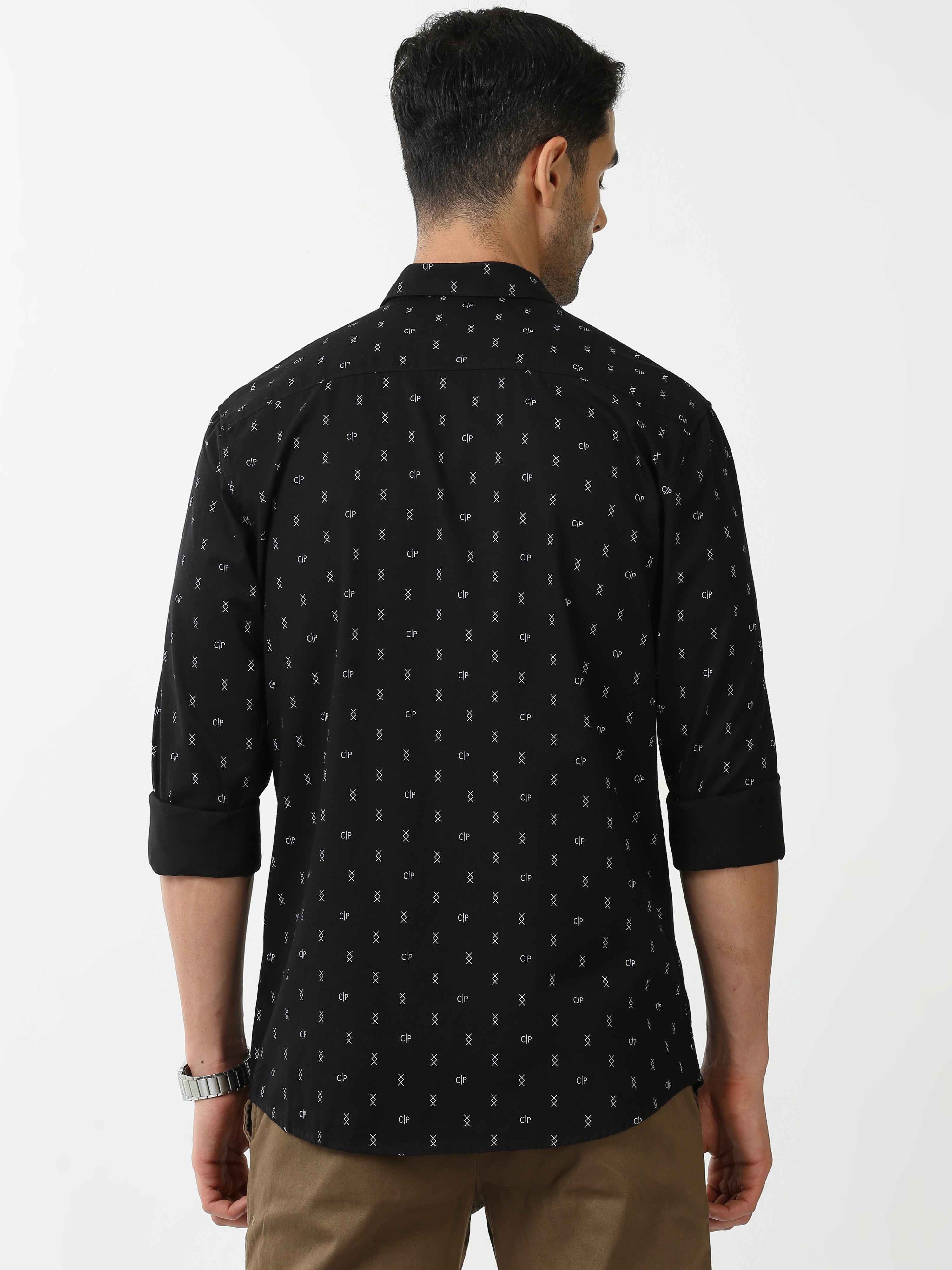 Classic Polo Mens Cotton Full Sleeve Printed Slim Fit Polo Neck Black Color Casual Shirt | SO2-120 B-FS-PRT-SF