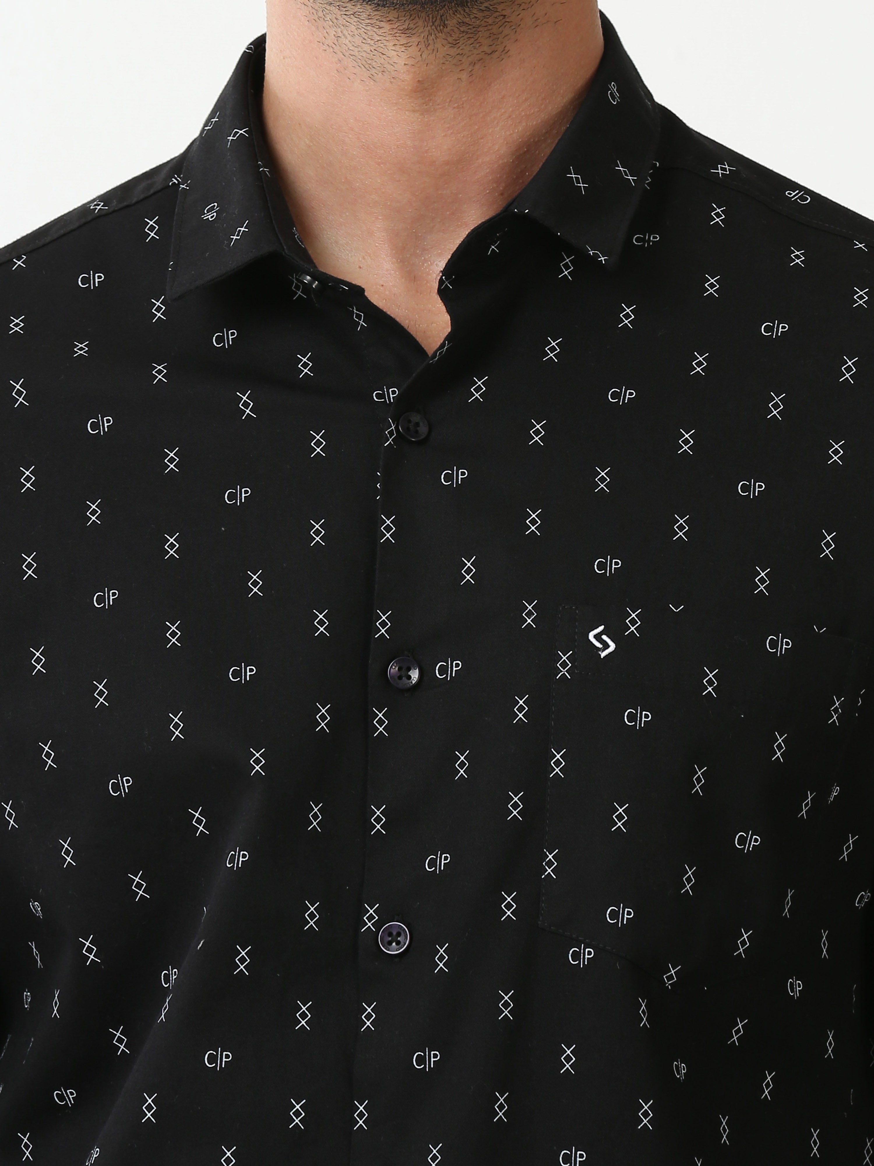Classic Polo Mens Cotton Full Sleeve Printed Slim Fit Polo Neck Black Color Casual Shirt | SO2-120 B-FS-PRT-SF