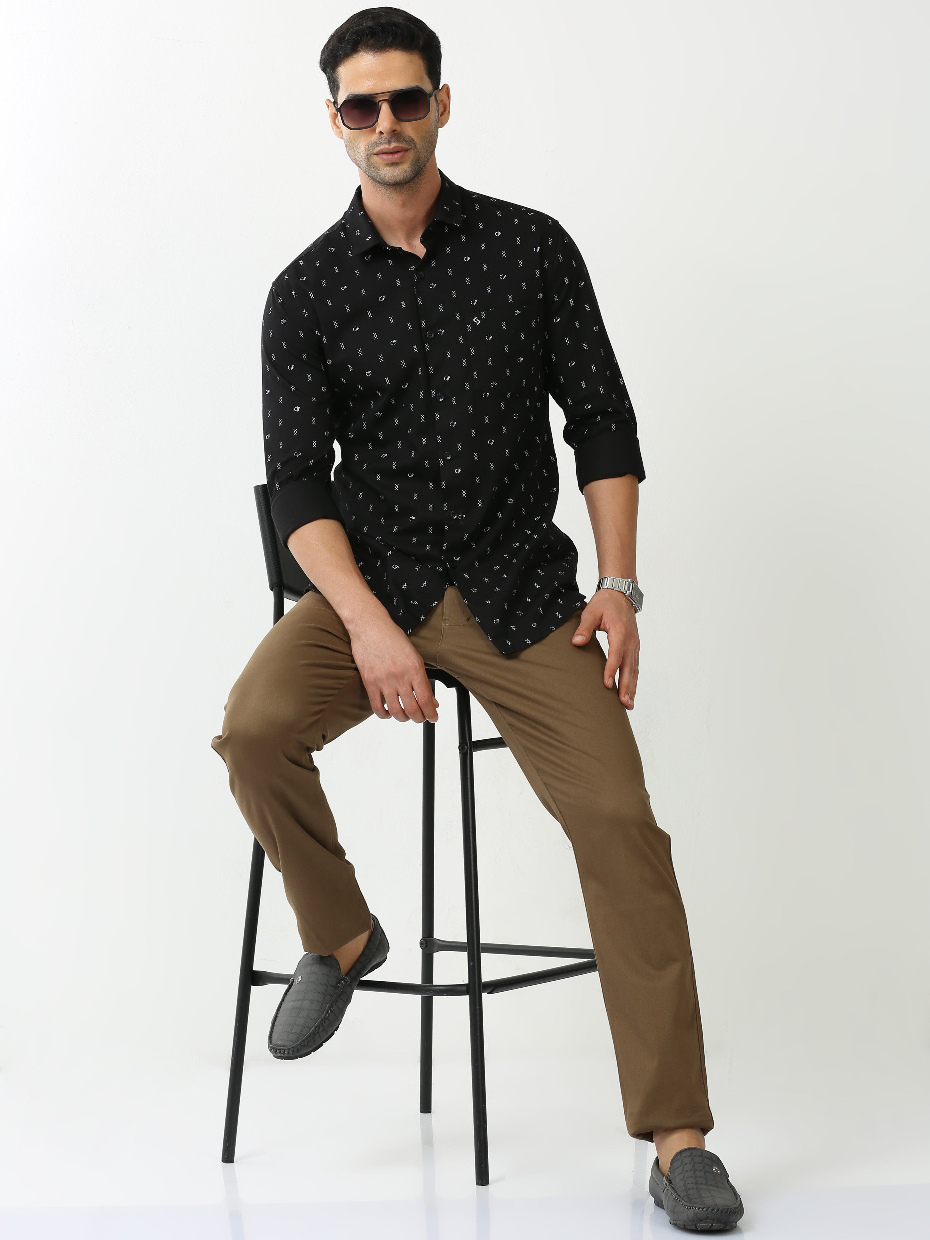 Classic Polo Mens Cotton Full Sleeve Printed Slim Fit Polo Neck Black Color Casual Shirt | SO2-120 B-FS-PRT-SF