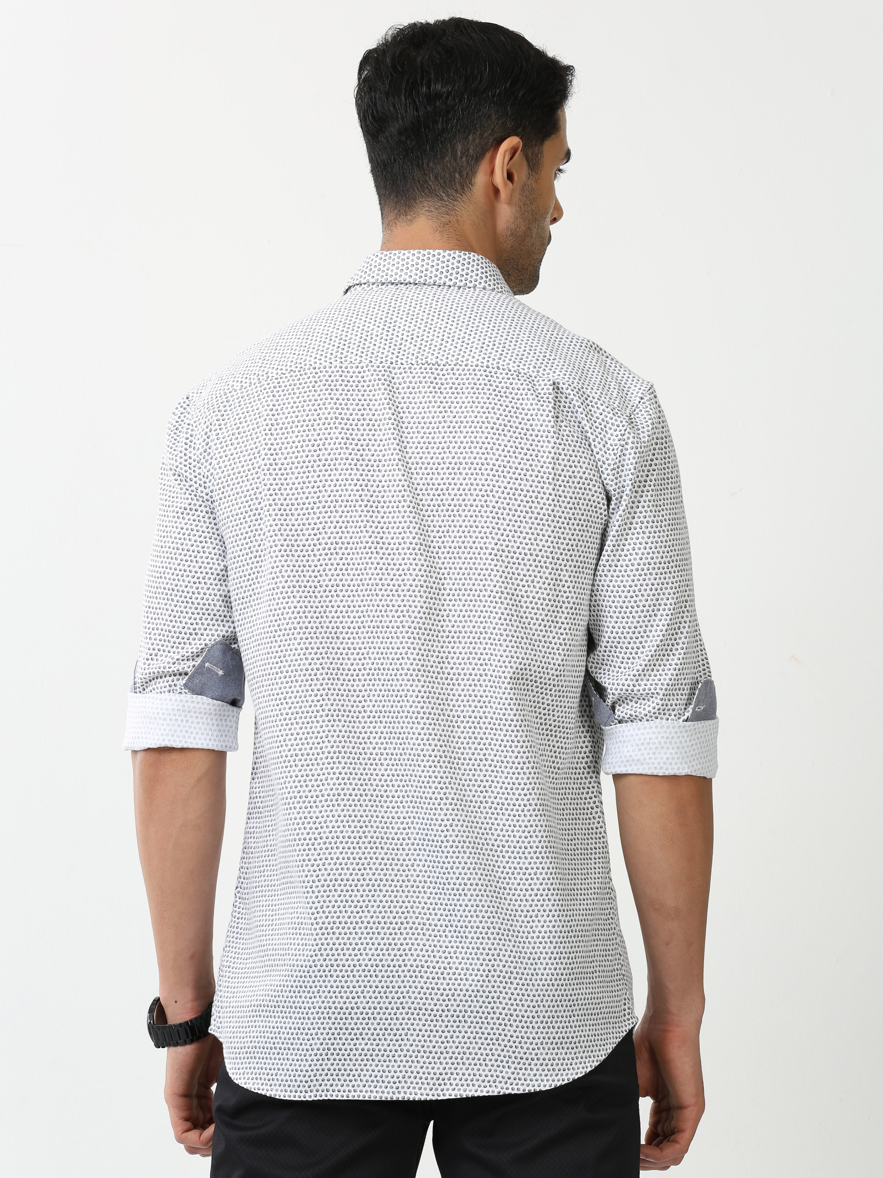 Classic Polo Mens Cotton Full Sleeve Printed Slim Fit Polo Neck White Color Casual Shirt | SO2-45 A-FS-PRT-SF