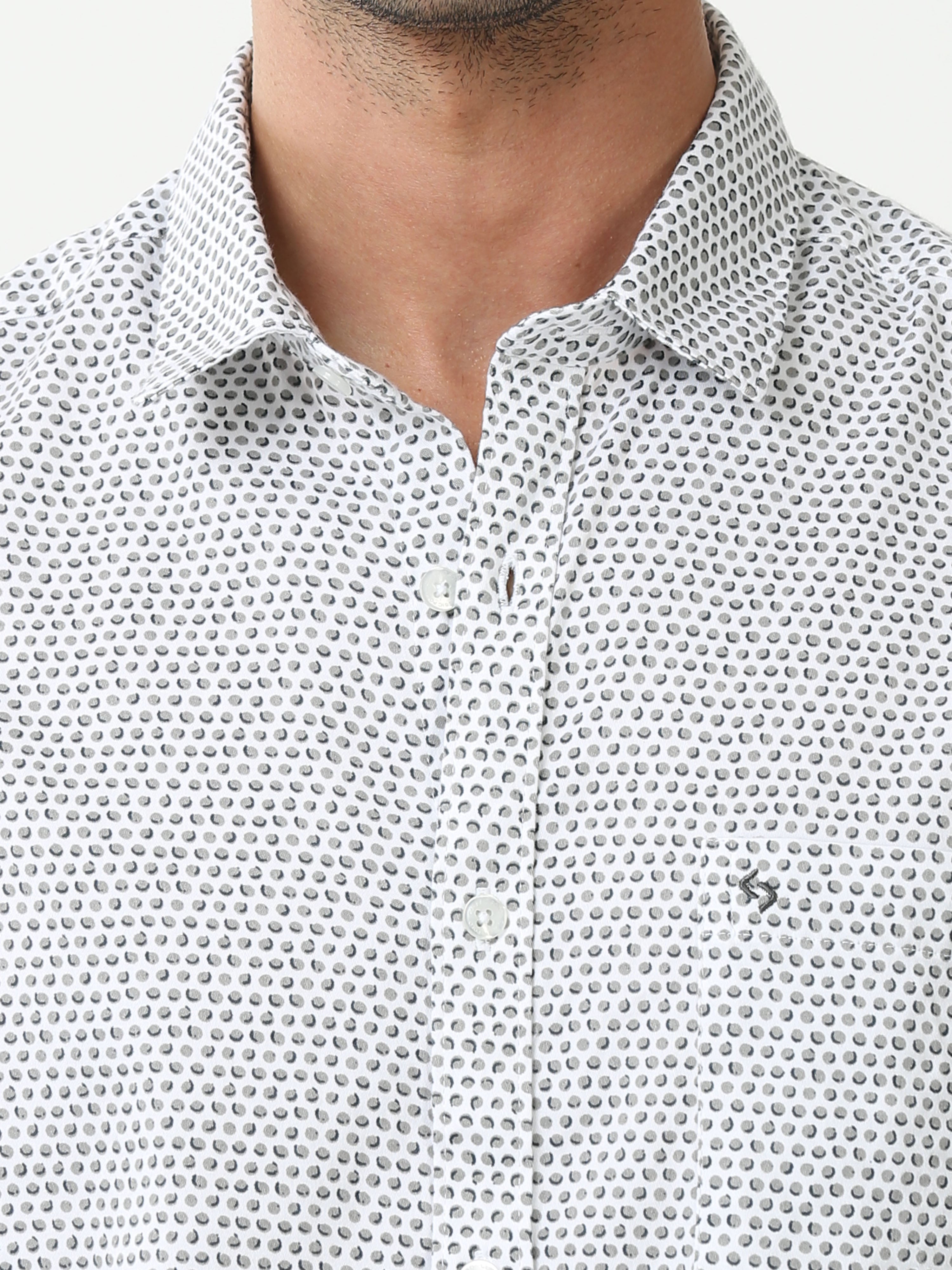 Classic Polo Mens Cotton Full Sleeve Printed Slim Fit Polo Neck White Color Casual Shirt | SO2-45 A-FS-PRT-SF