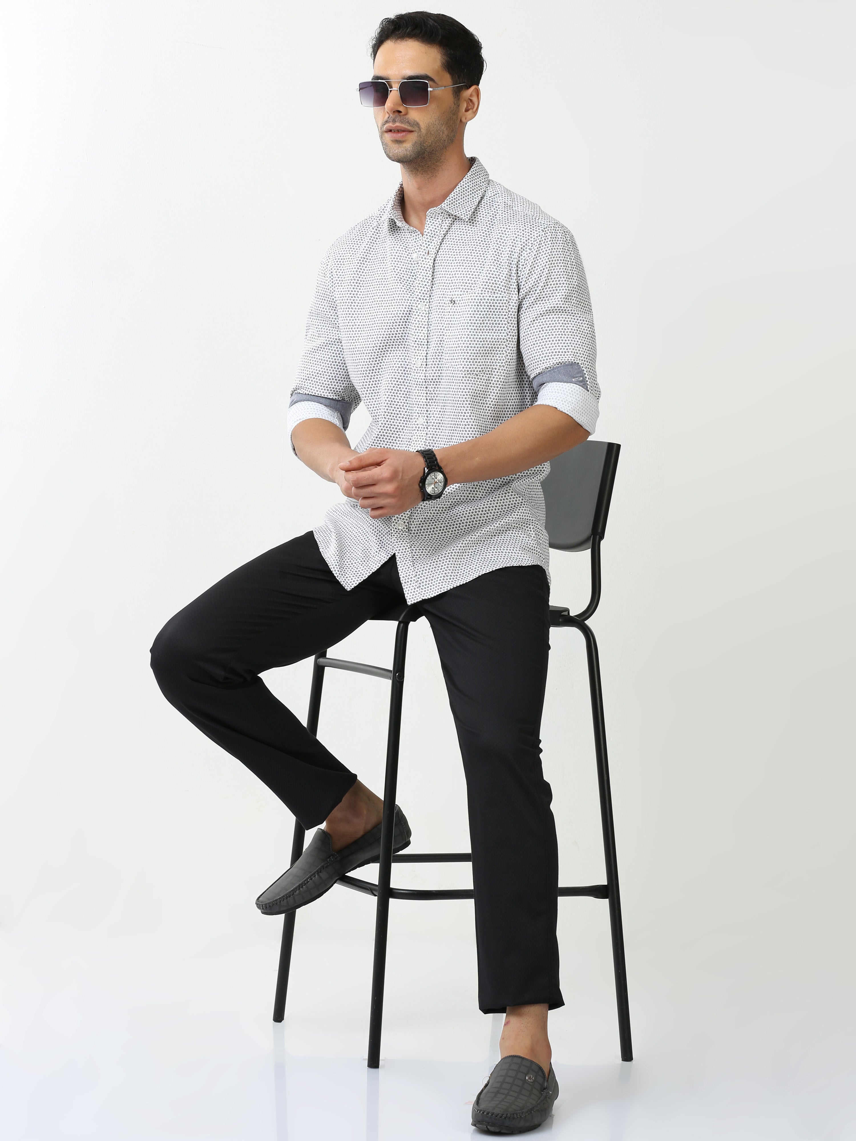Classic Polo Mens Cotton Full Sleeve Printed Slim Fit Polo Neck White Color Casual Shirt | SO2-45 A-FS-PRT-SF