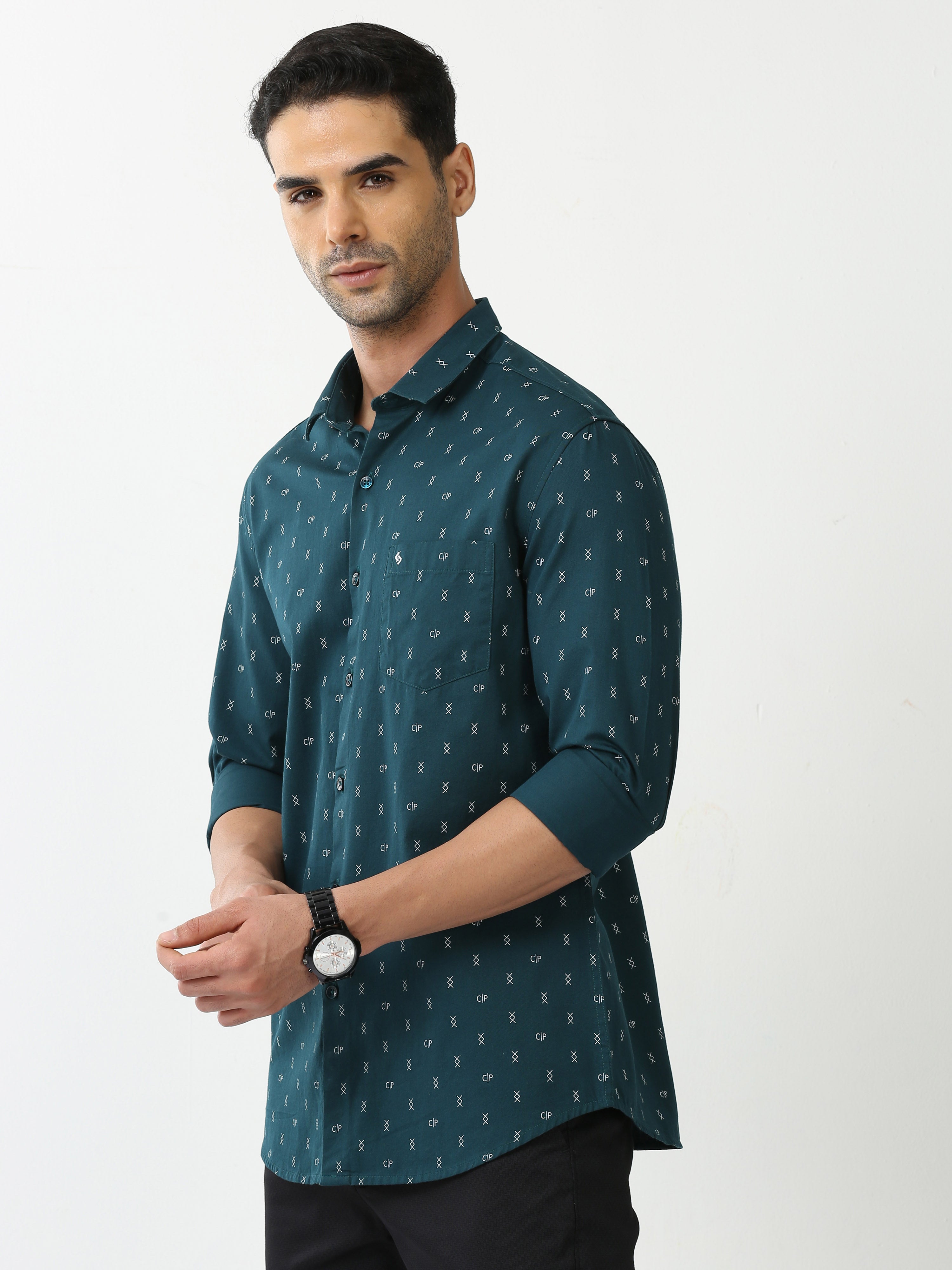Classic Polo Mens Cotton Full Sleeve Printed Slim Fit Polo Neck Green Color Casual Shirt | SO2-120 A-FS-PRT-SF