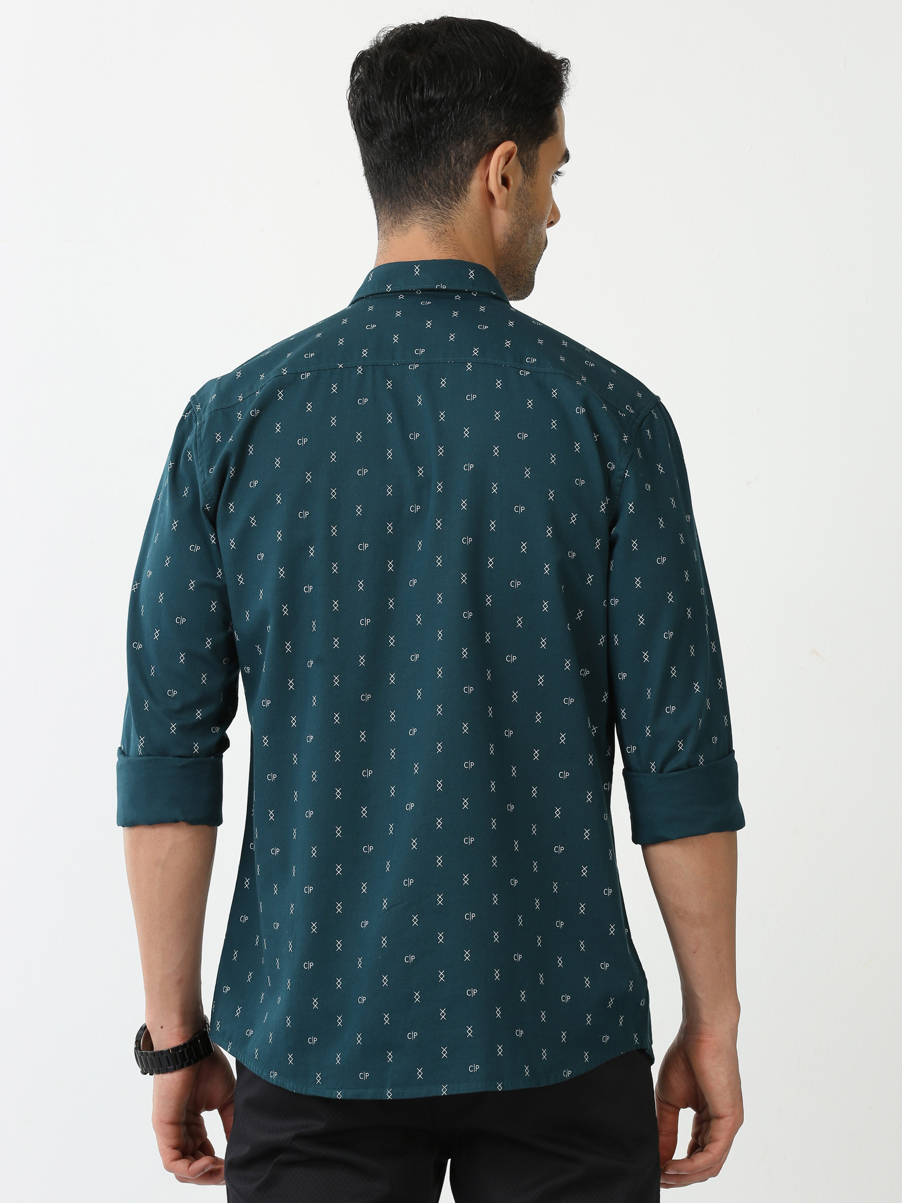 Classic Polo Mens Cotton Full Sleeve Printed Slim Fit Polo Neck Green Color Casual Shirt | SO2-120 A-FS-PRT-SF