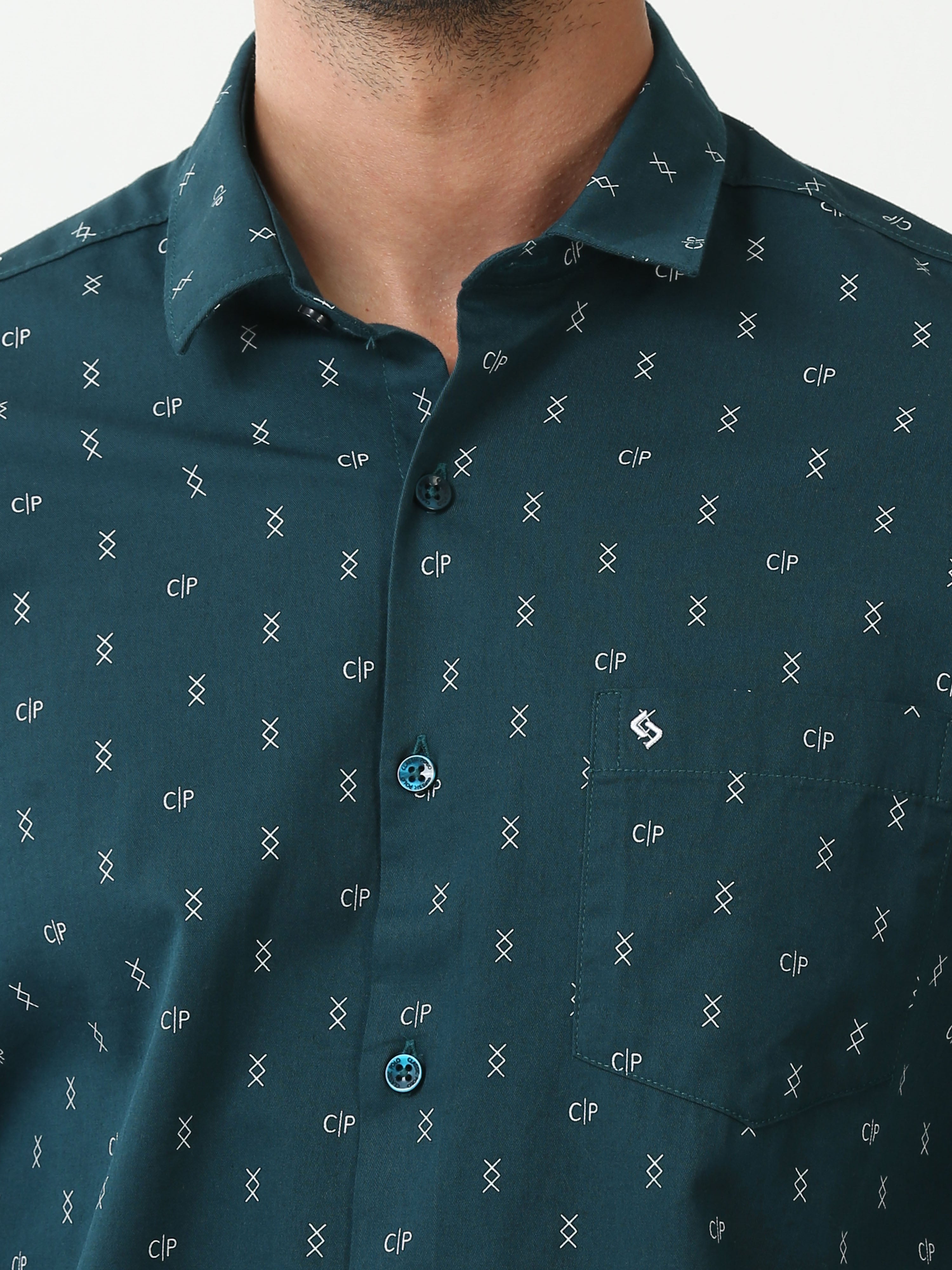 Classic Polo Mens Cotton Full Sleeve Printed Slim Fit Polo Neck Green Color Casual Shirt | SO2-120 A-FS-PRT-SF