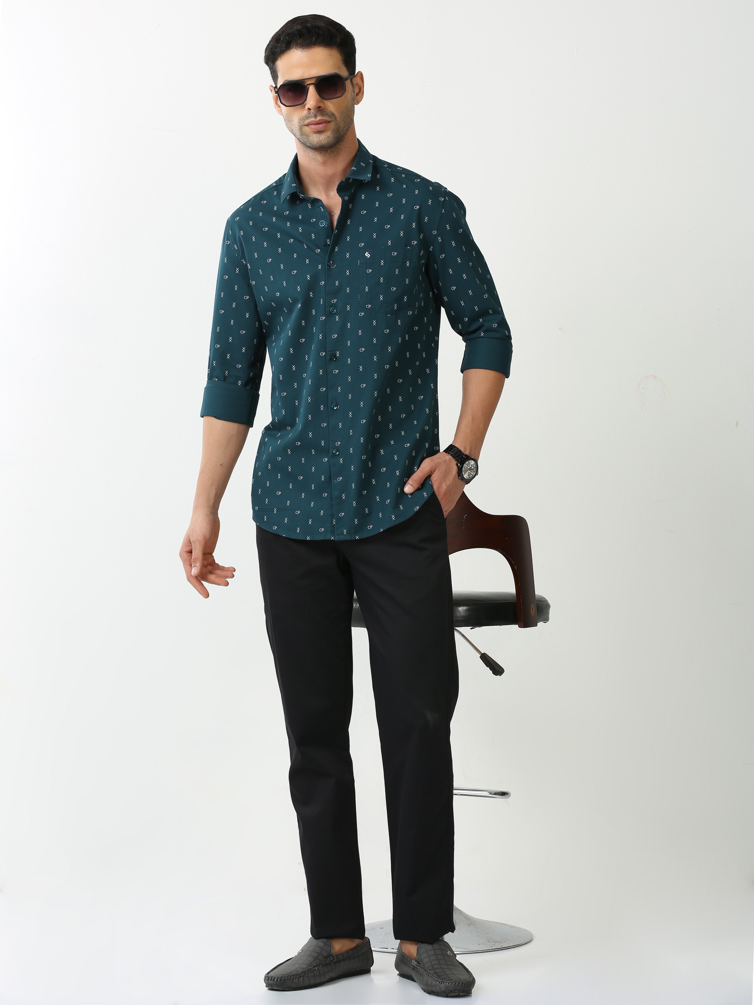 Classic Polo Mens Cotton Full Sleeve Printed Slim Fit Polo Neck Green Color Casual Shirt | SO2-120 A-FS-PRT-SF