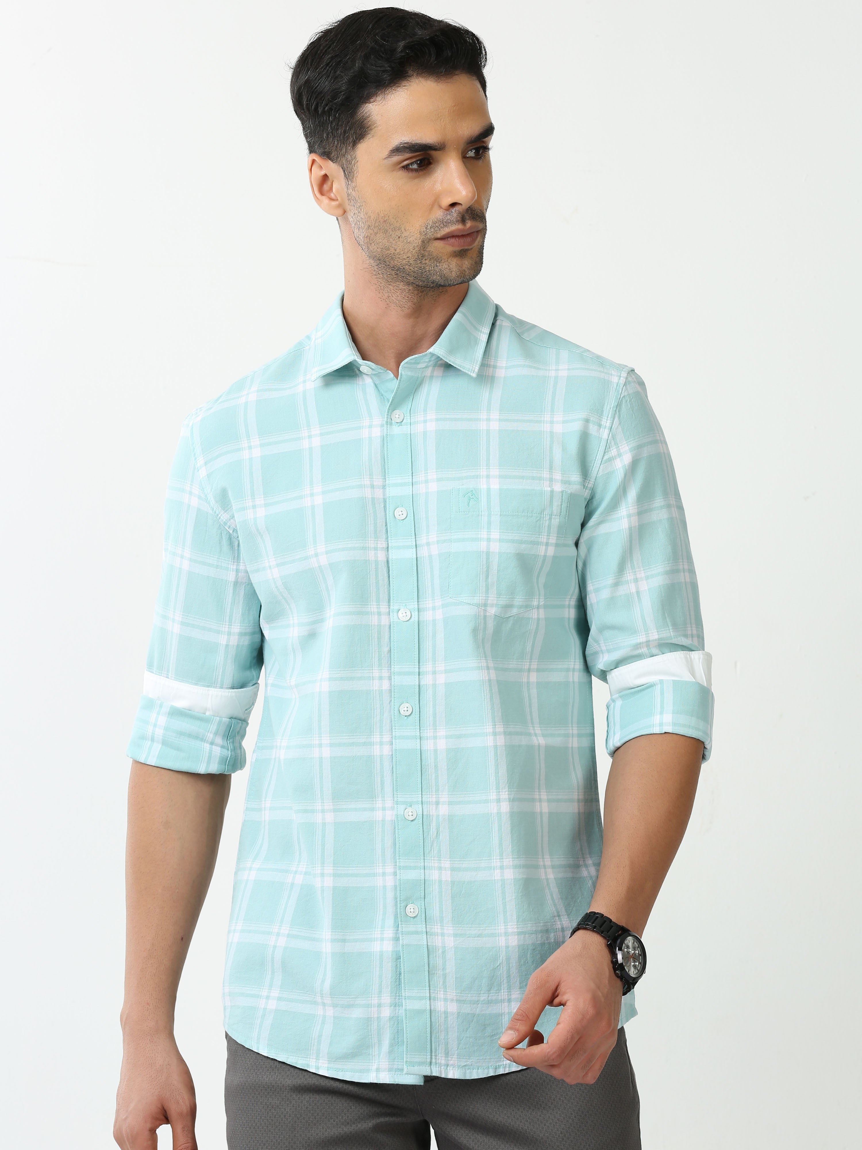 Classic Polo Mens Cotton Full Sleeve Checked Slim Fit Polo Neck Light Green Color Casual Shirt | SBO2-66 A-FS-CHK-BSL