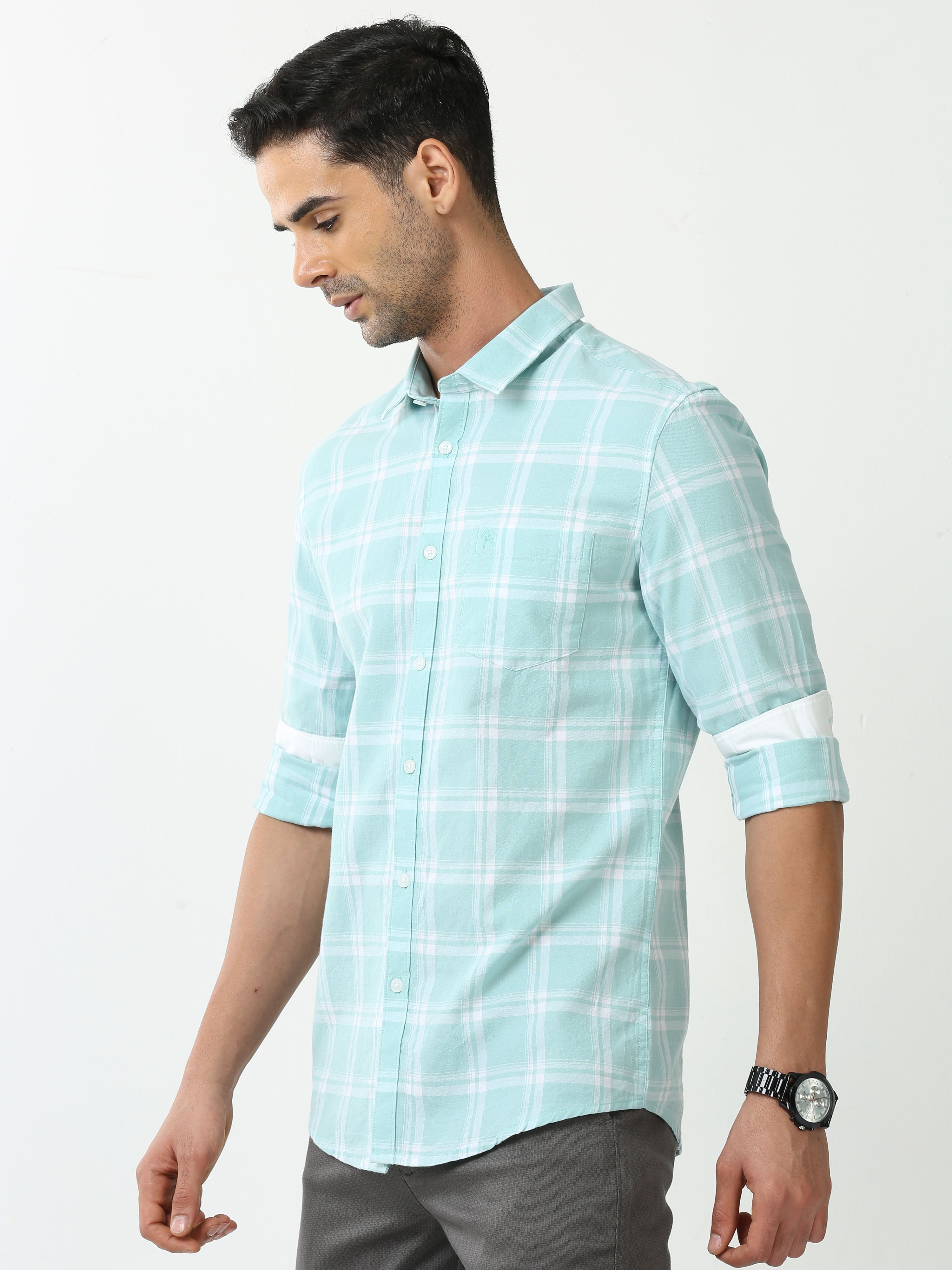 Classic Polo Mens Cotton Full Sleeve Checked Slim Fit Polo Neck Light Green Color Casual Shirt | SBO2-66 A-FS-CHK-BSL