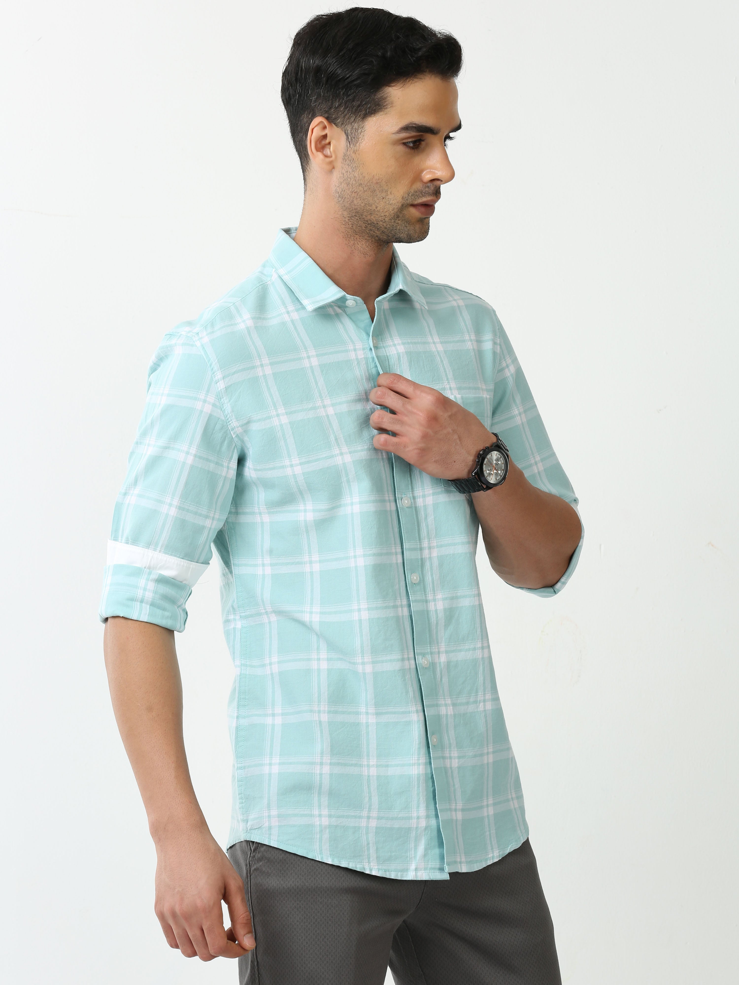 Classic Polo Mens Cotton Full Sleeve Checked Slim Fit Polo Neck Light Green Color Casual Shirt | SBO2-66 A-FS-CHK-BSL