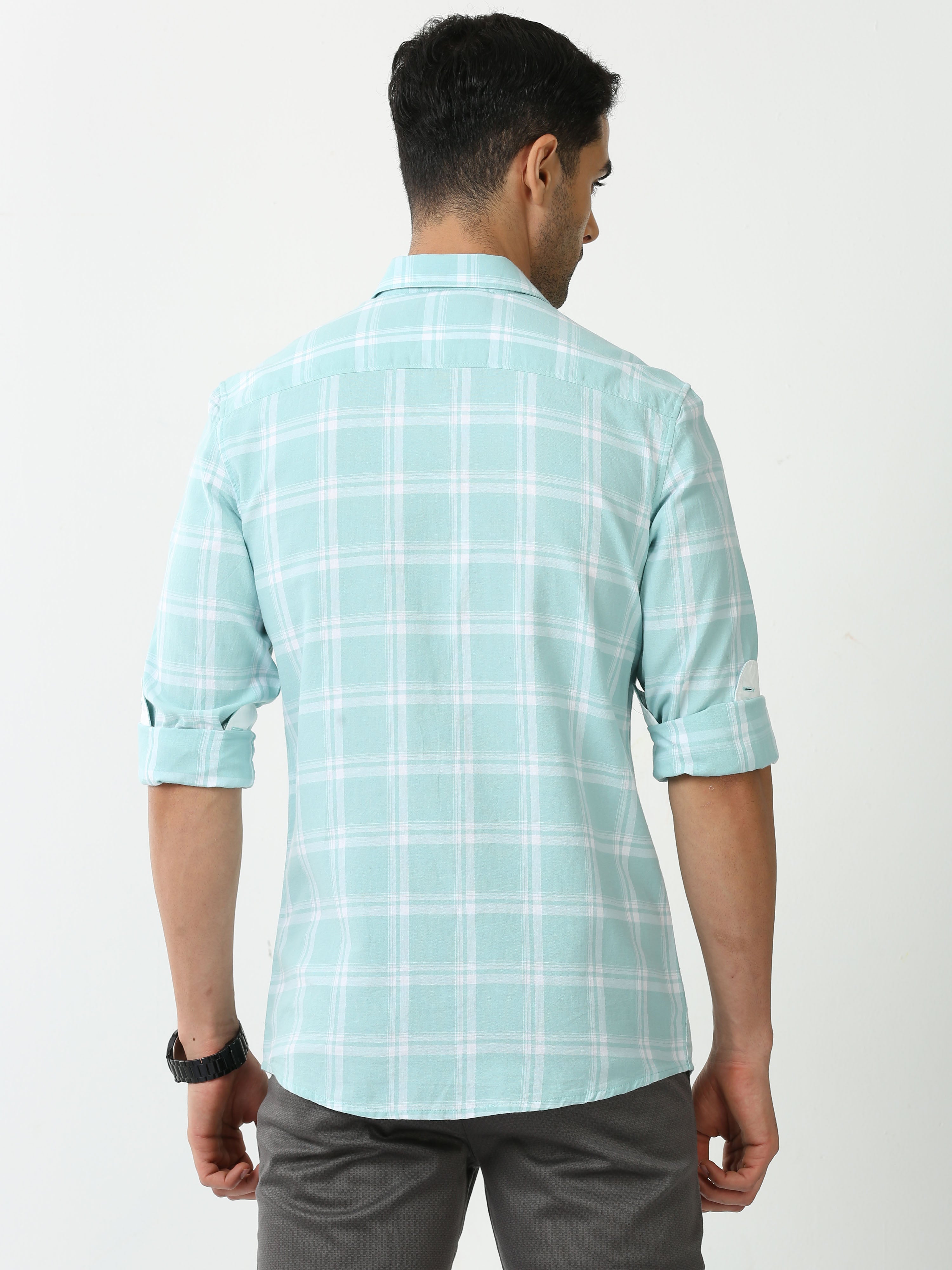 Classic Polo Mens Cotton Full Sleeve Checked Slim Fit Polo Neck Light Green Color Casual Shirt | SBO2-66 A-FS-CHK-BSL