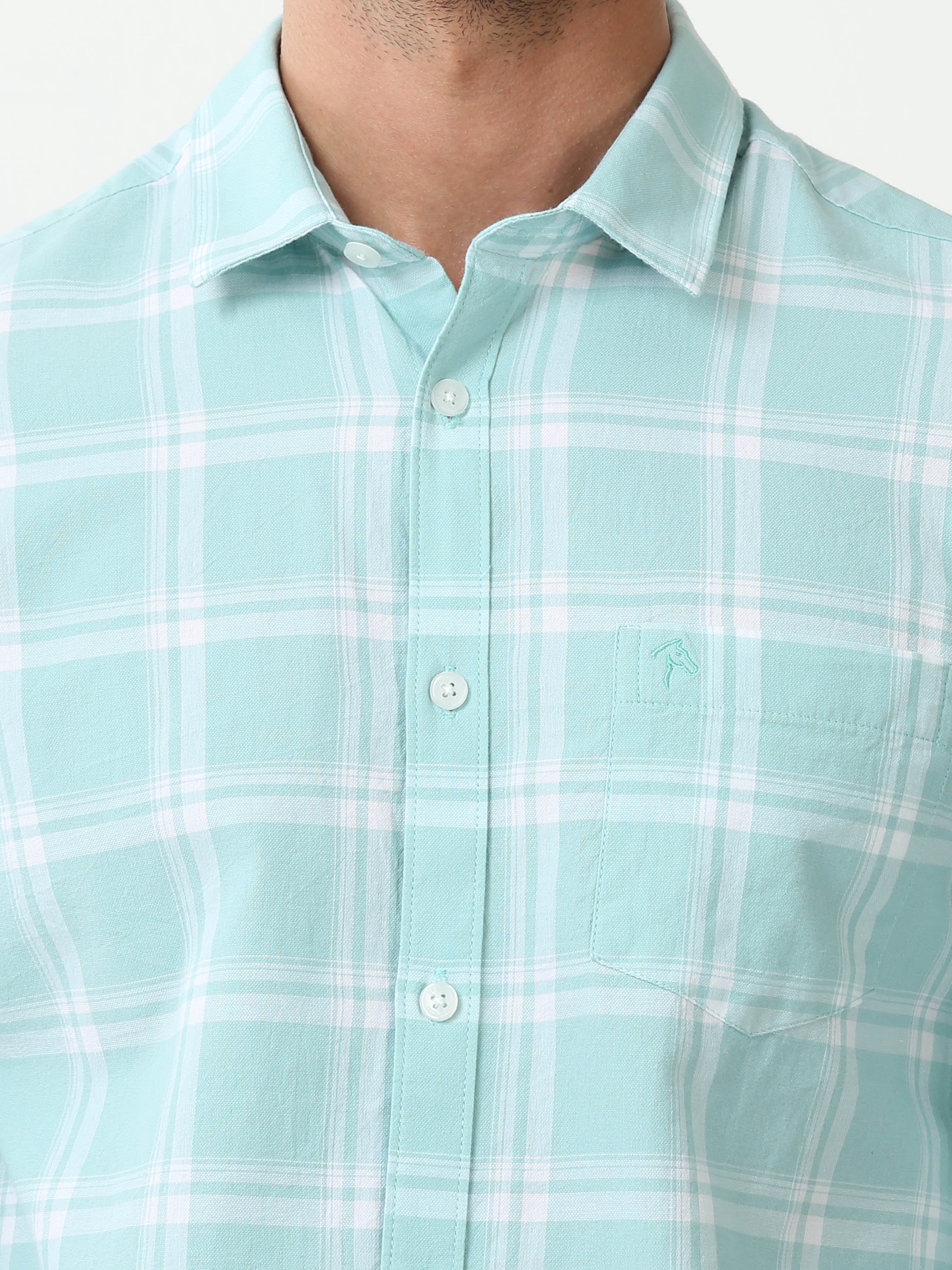 Classic Polo Mens Cotton Full Sleeve Checked Slim Fit Polo Neck Light Green Color Casual Shirt | SBO2-66 A-FS-CHK-BSL