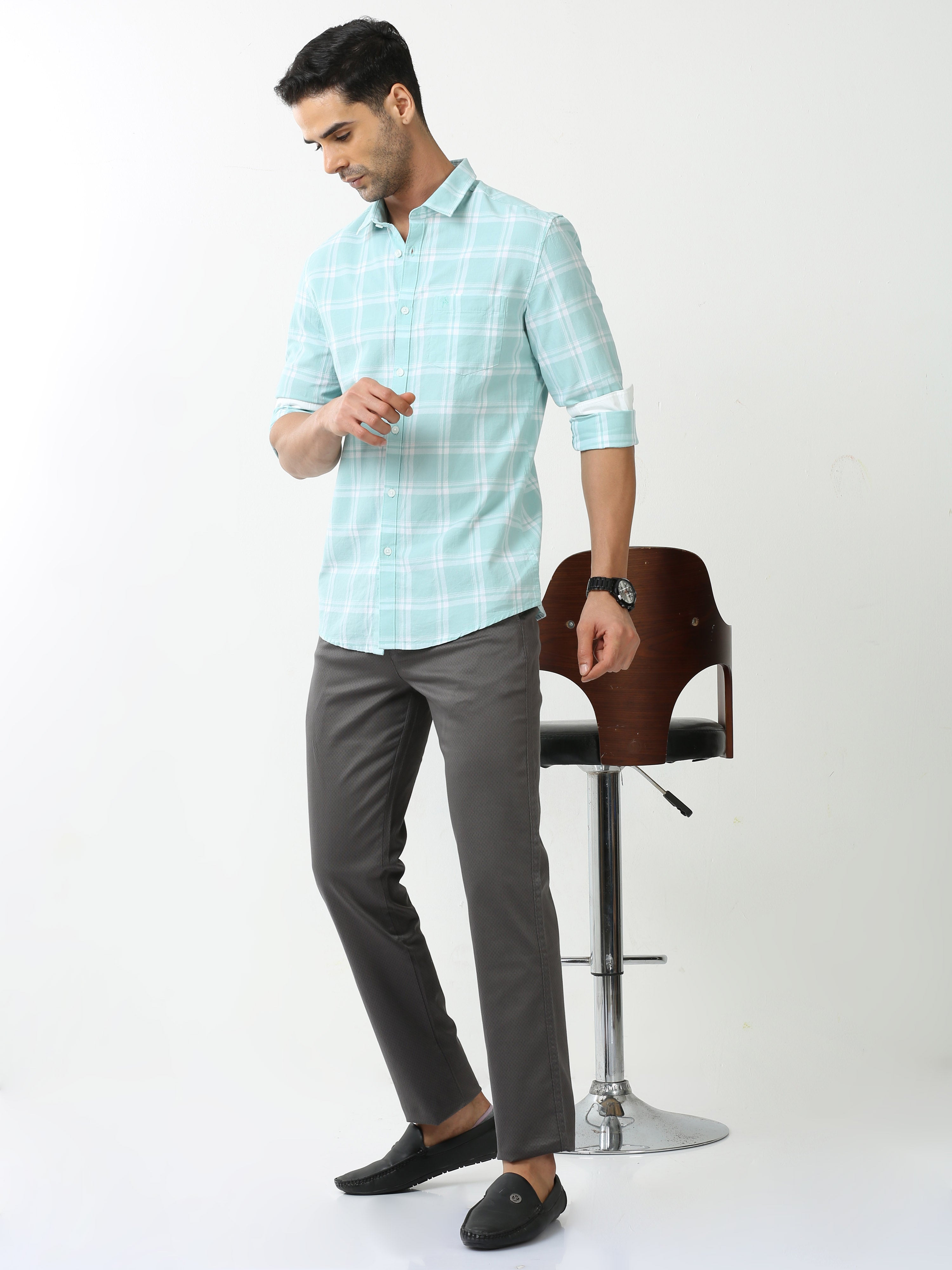 Classic Polo Mens Cotton Full Sleeve Checked Slim Fit Polo Neck Light Green Color Casual Shirt | SBO2-66 A-FS-CHK-BSL