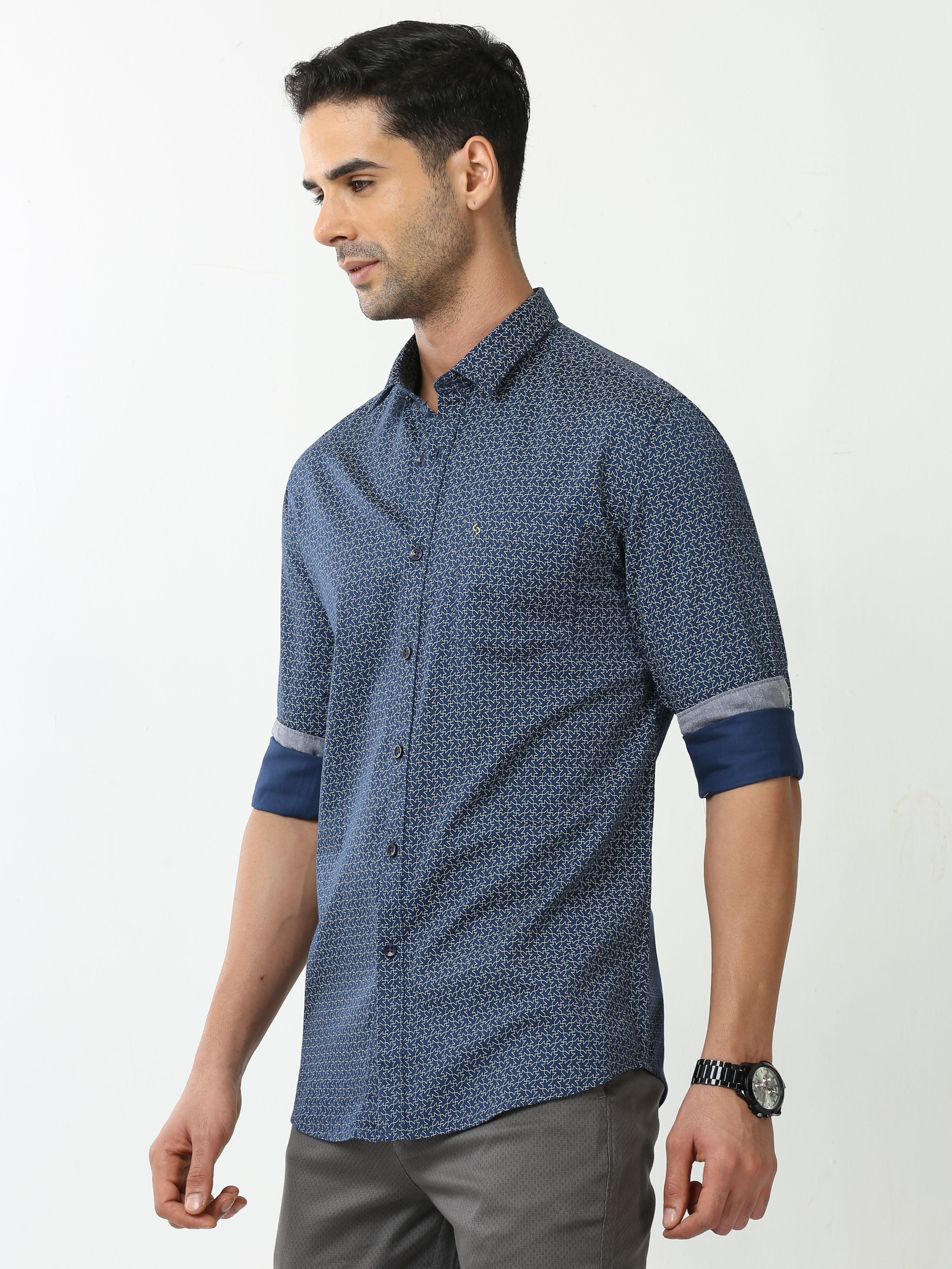 Classic Polo Mens Cotton Full Sleeve Printed Slim Fit Polo Neck Navy Blue Color Casual Shirt | SO2-06 A-FS-PRT-SF
