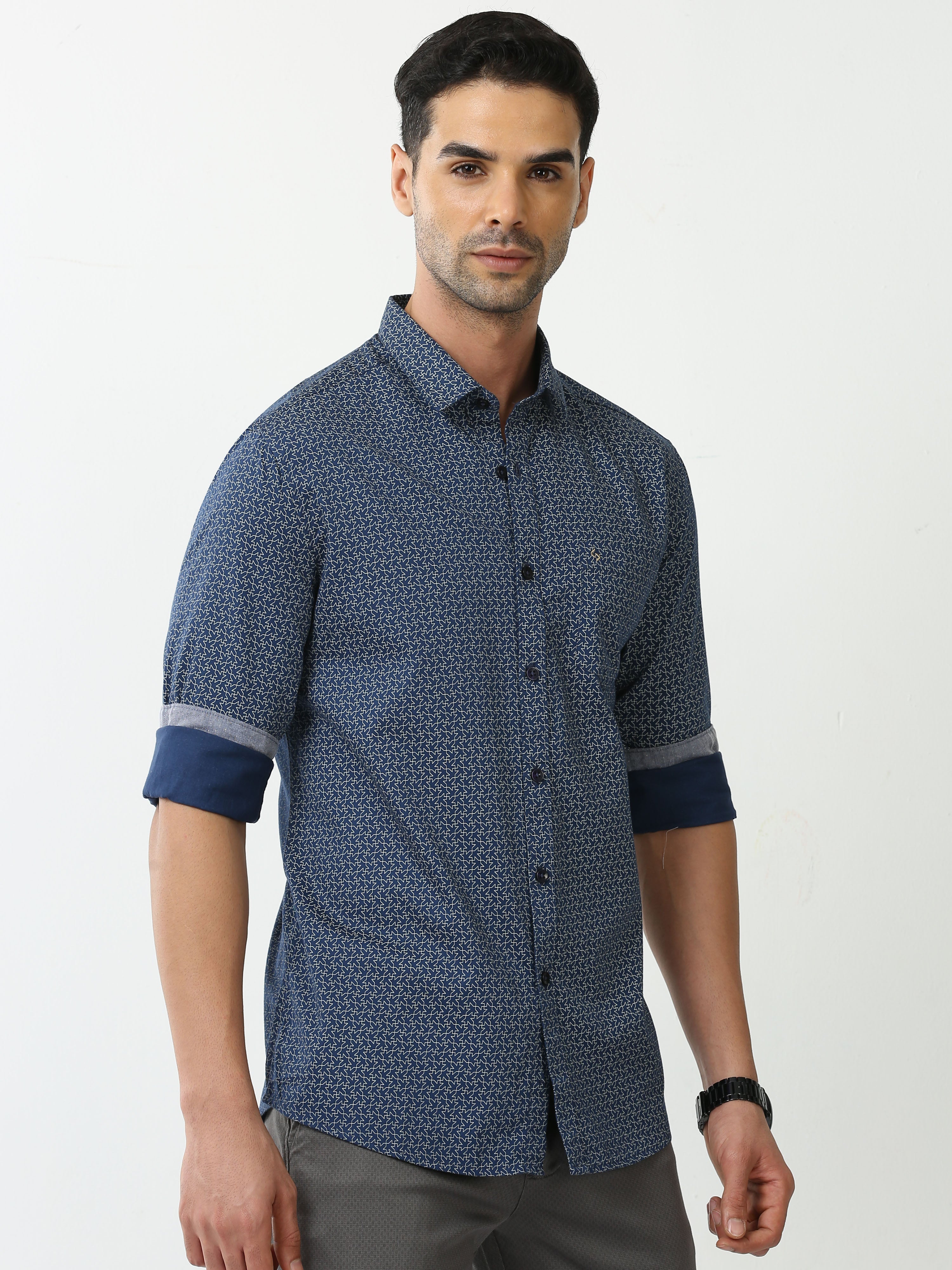 Classic Polo Mens Cotton Full Sleeve Printed Slim Fit Polo Neck Navy Blue Color Casual Shirt | SO2-06 A-FS-PRT-SF
