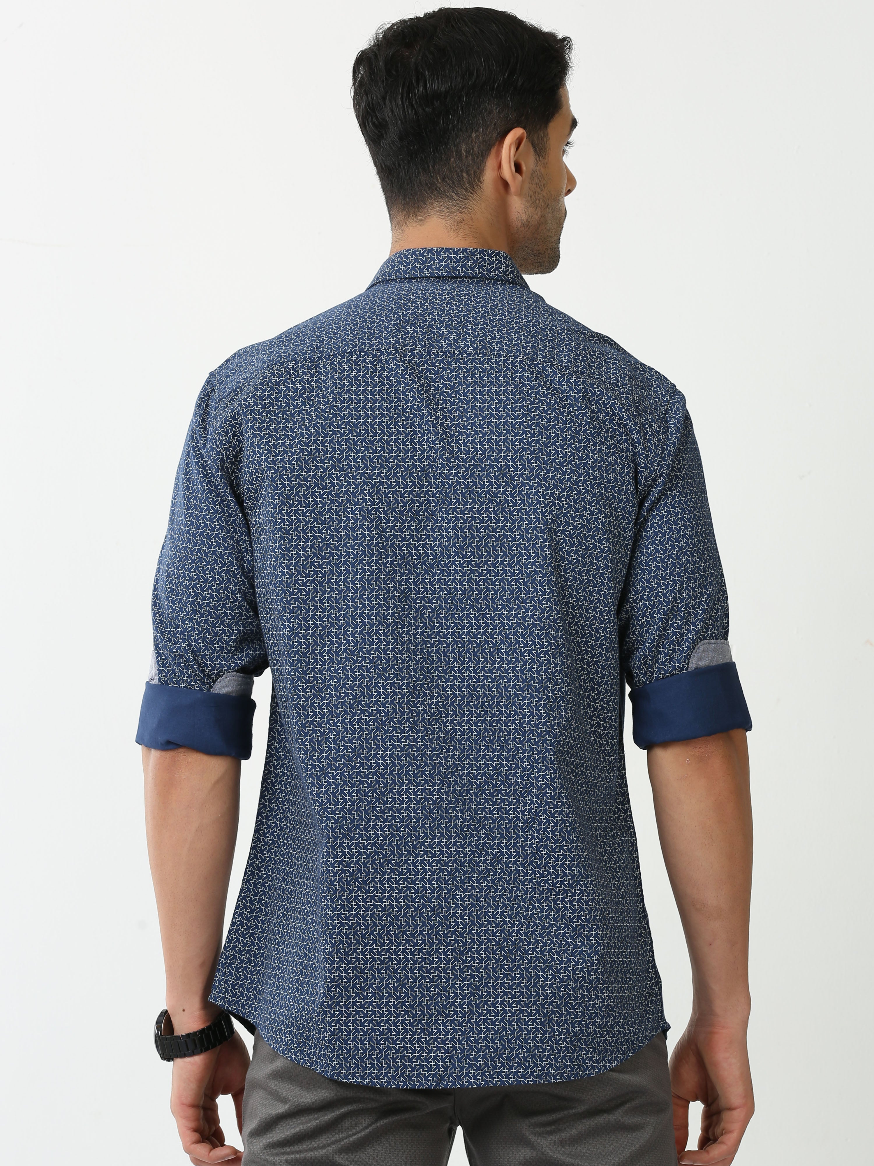 Classic Polo Mens Cotton Full Sleeve Printed Slim Fit Polo Neck Navy Blue Color Casual Shirt | SO2-06 A-FS-PRT-SF