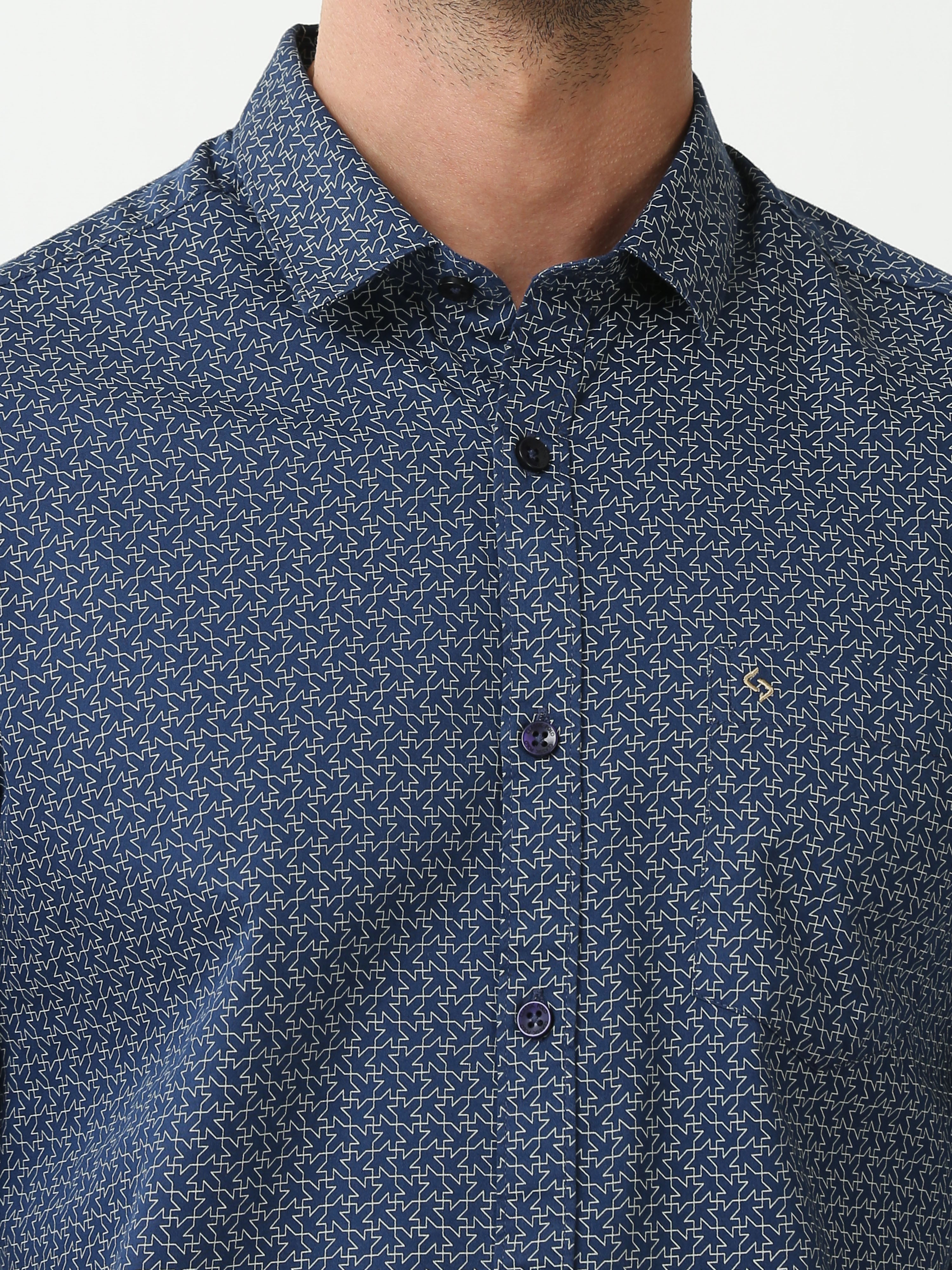 Classic Polo Mens Cotton Full Sleeve Printed Slim Fit Polo Neck Navy Blue Color Casual Shirt | SO2-06 A-FS-PRT-SF