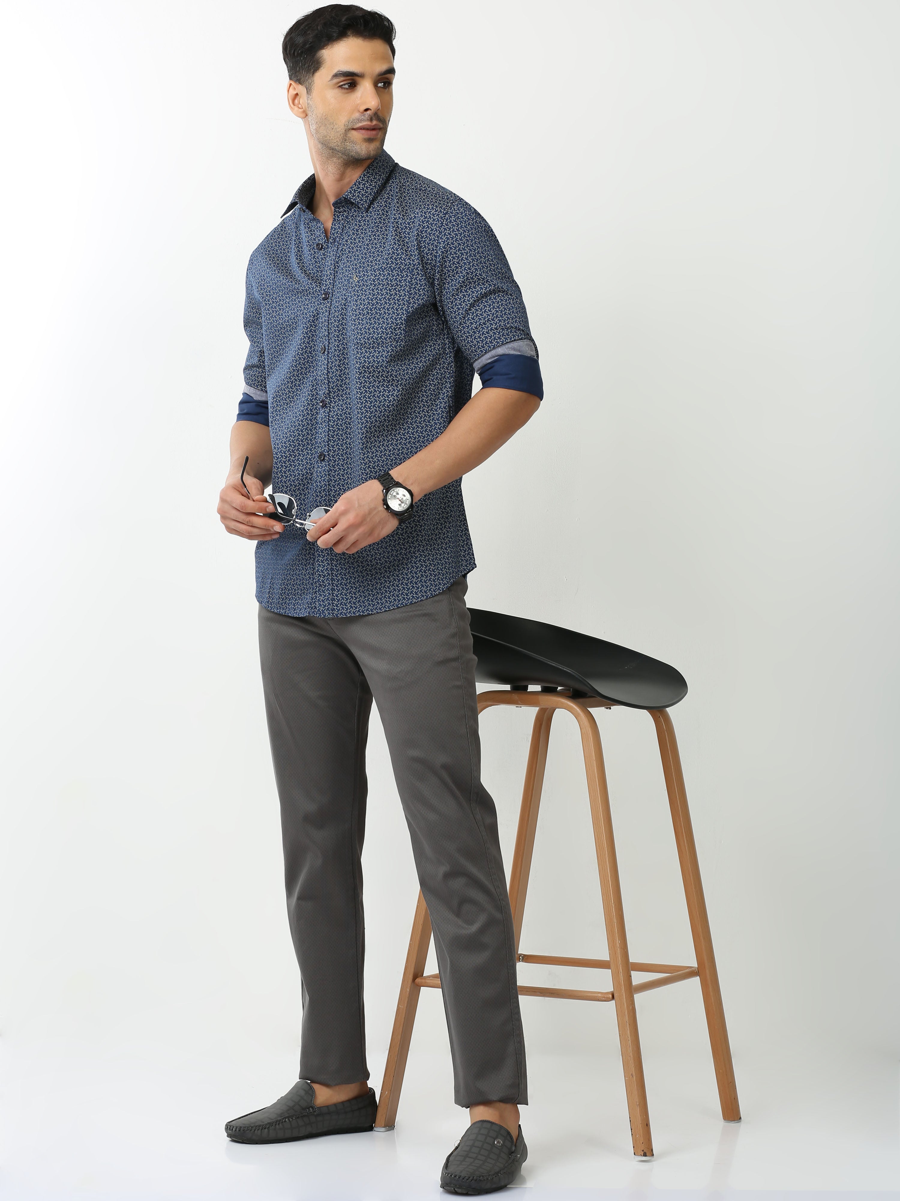 Classic Polo Mens Cotton Full Sleeve Printed Slim Fit Polo Neck Navy Blue Color Casual Shirt | SO2-06 A-FS-PRT-SF