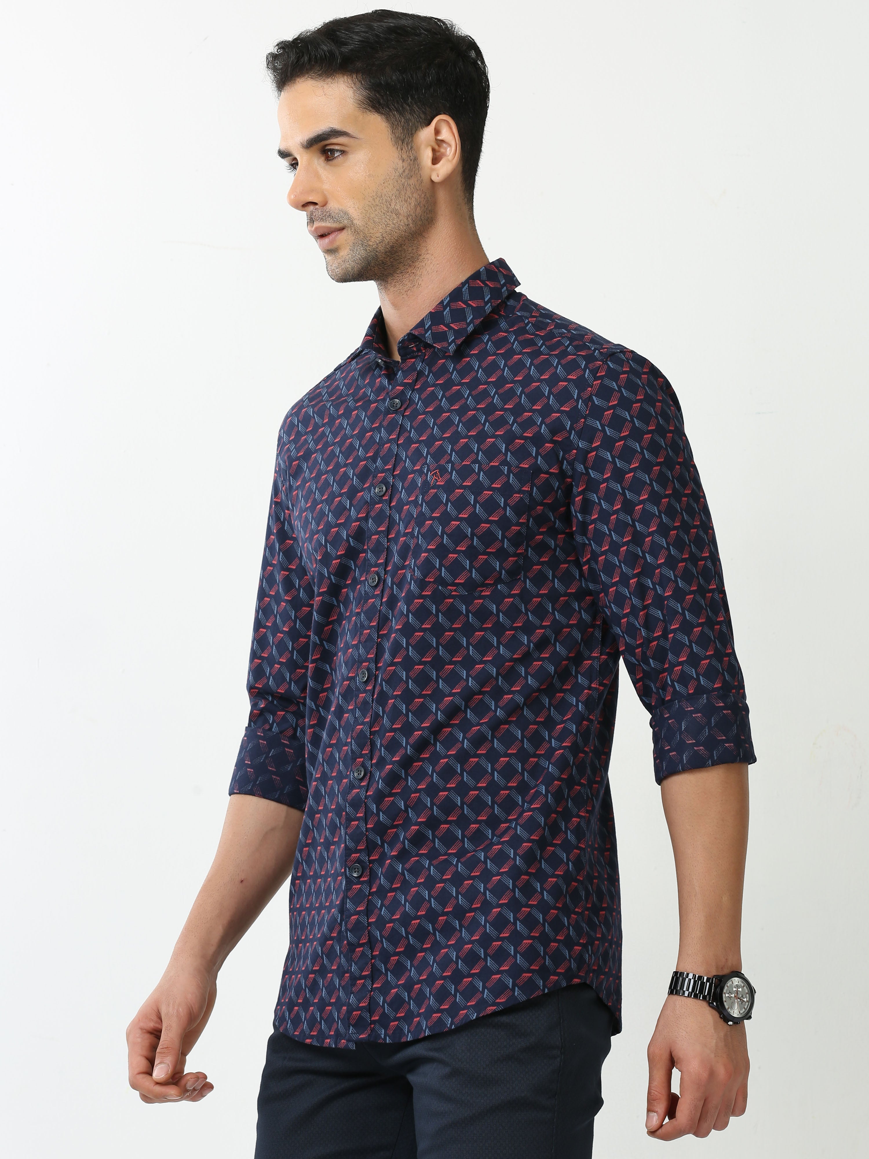 Classic Polo Mens Cotton Full Sleeve Printed Slim Fit Polo Neck Navy Blue Color Casual Shirt | SBO2-99 B-FS-PRT-BSL