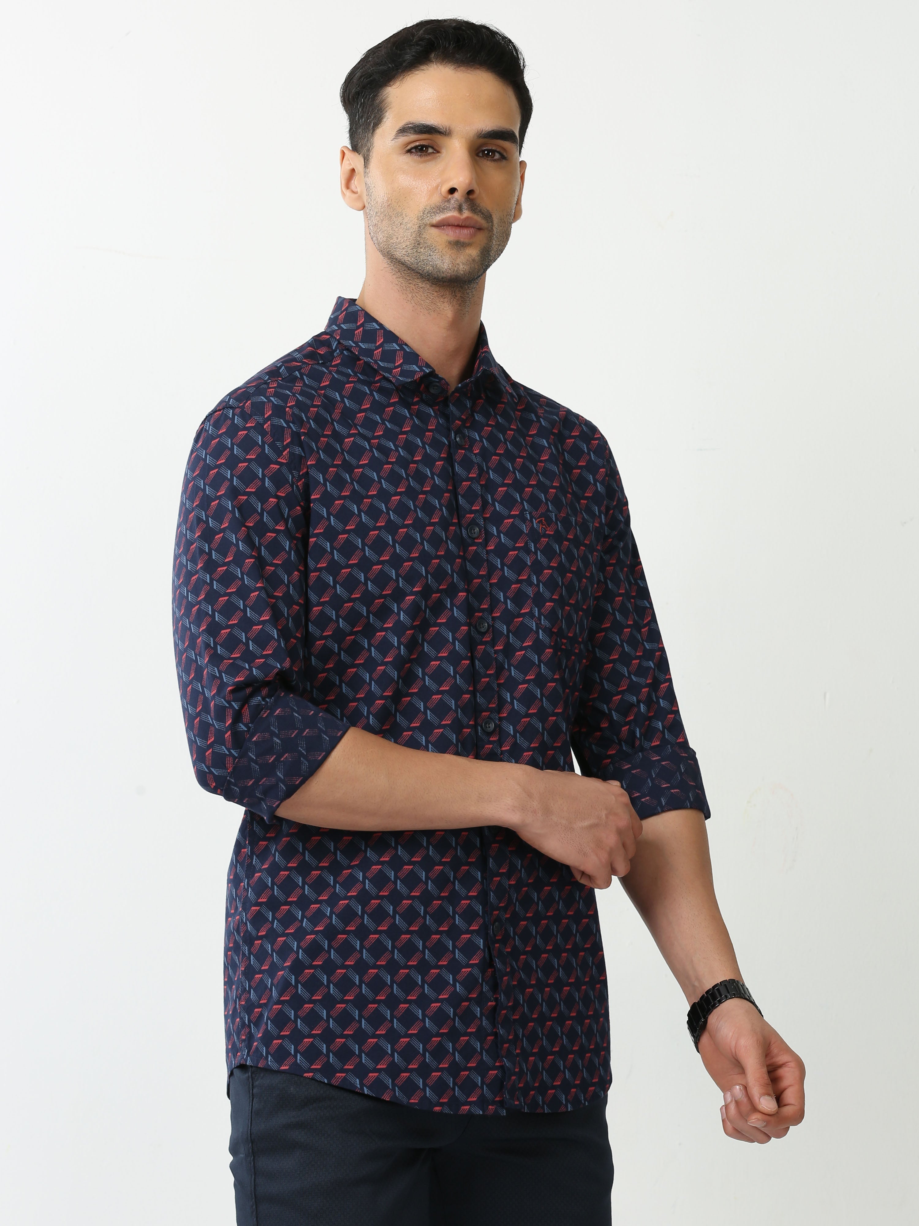 Classic Polo Mens Cotton Full Sleeve Printed Slim Fit Polo Neck Navy Blue Color Casual Shirt | SBO2-99 B-FS-PRT-BSL