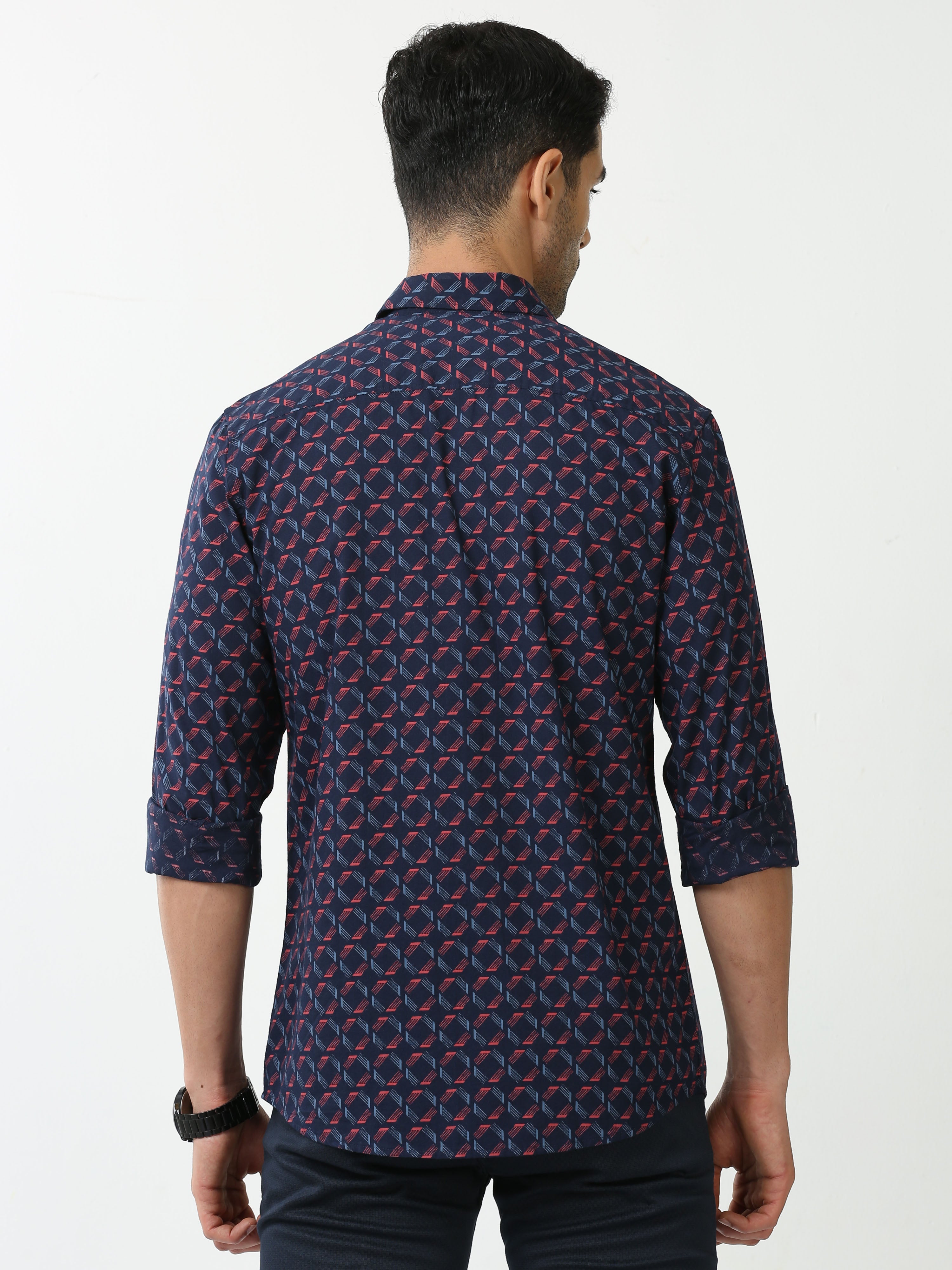 Classic Polo Mens Cotton Full Sleeve Printed Slim Fit Polo Neck Navy Blue Color Casual Shirt | SBO2-99 B-FS-PRT-BSL