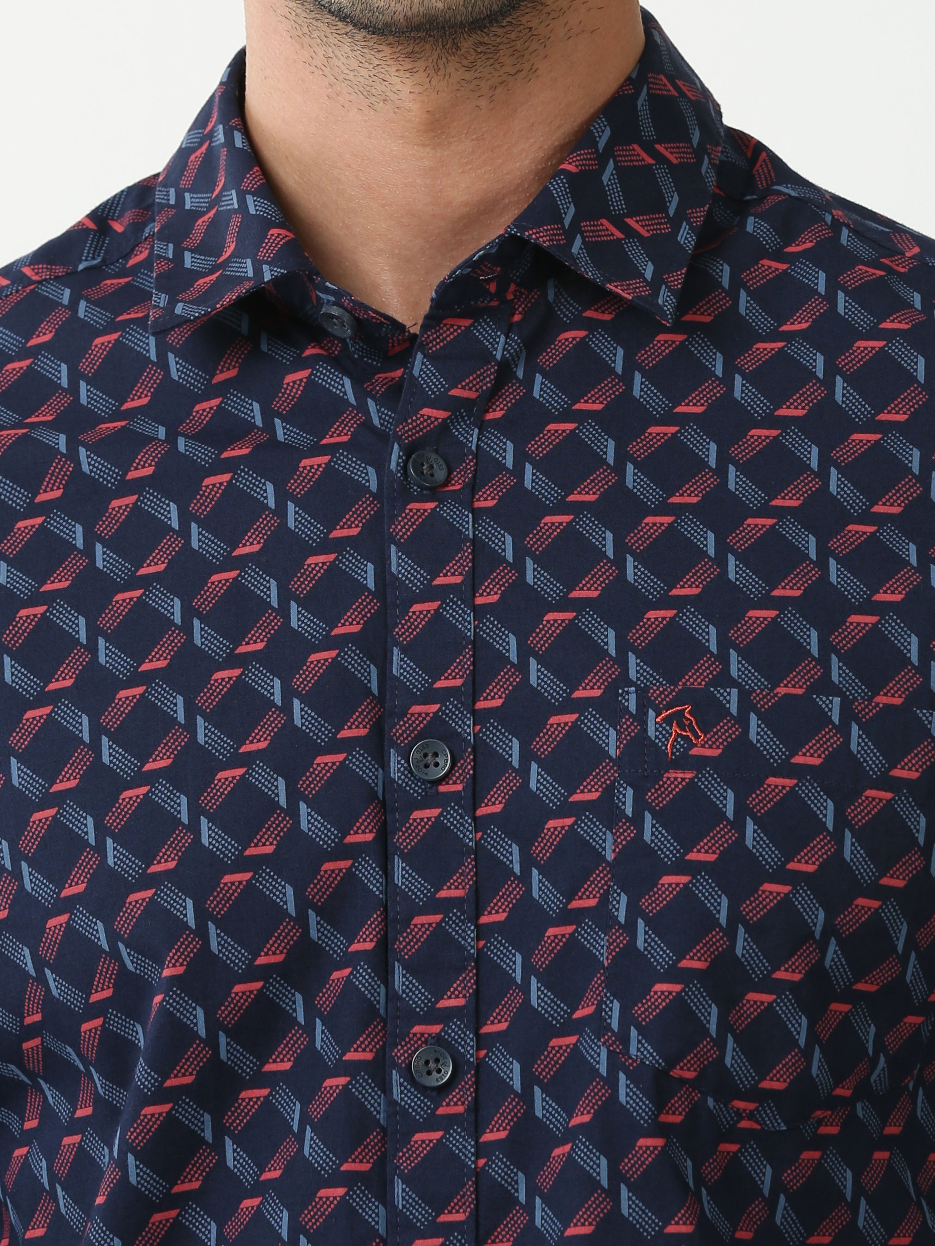 Classic Polo Mens Cotton Full Sleeve Printed Slim Fit Polo Neck Navy Blue Color Casual Shirt | SBO2-99 B-FS-PRT-BSL