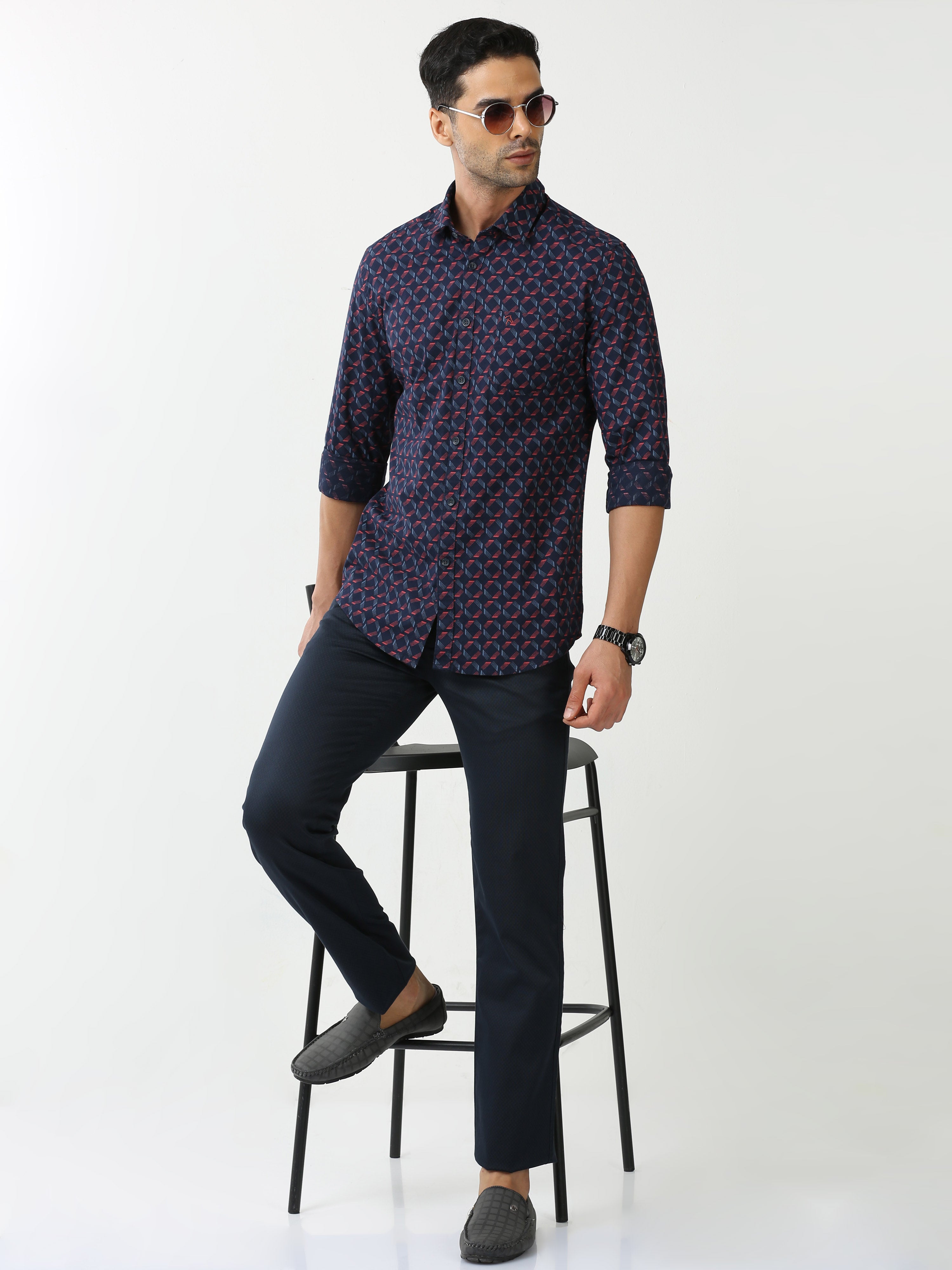 Classic Polo Mens Cotton Full Sleeve Printed Slim Fit Polo Neck Navy Blue Color Casual Shirt | SBO2-99 B-FS-PRT-BSL
