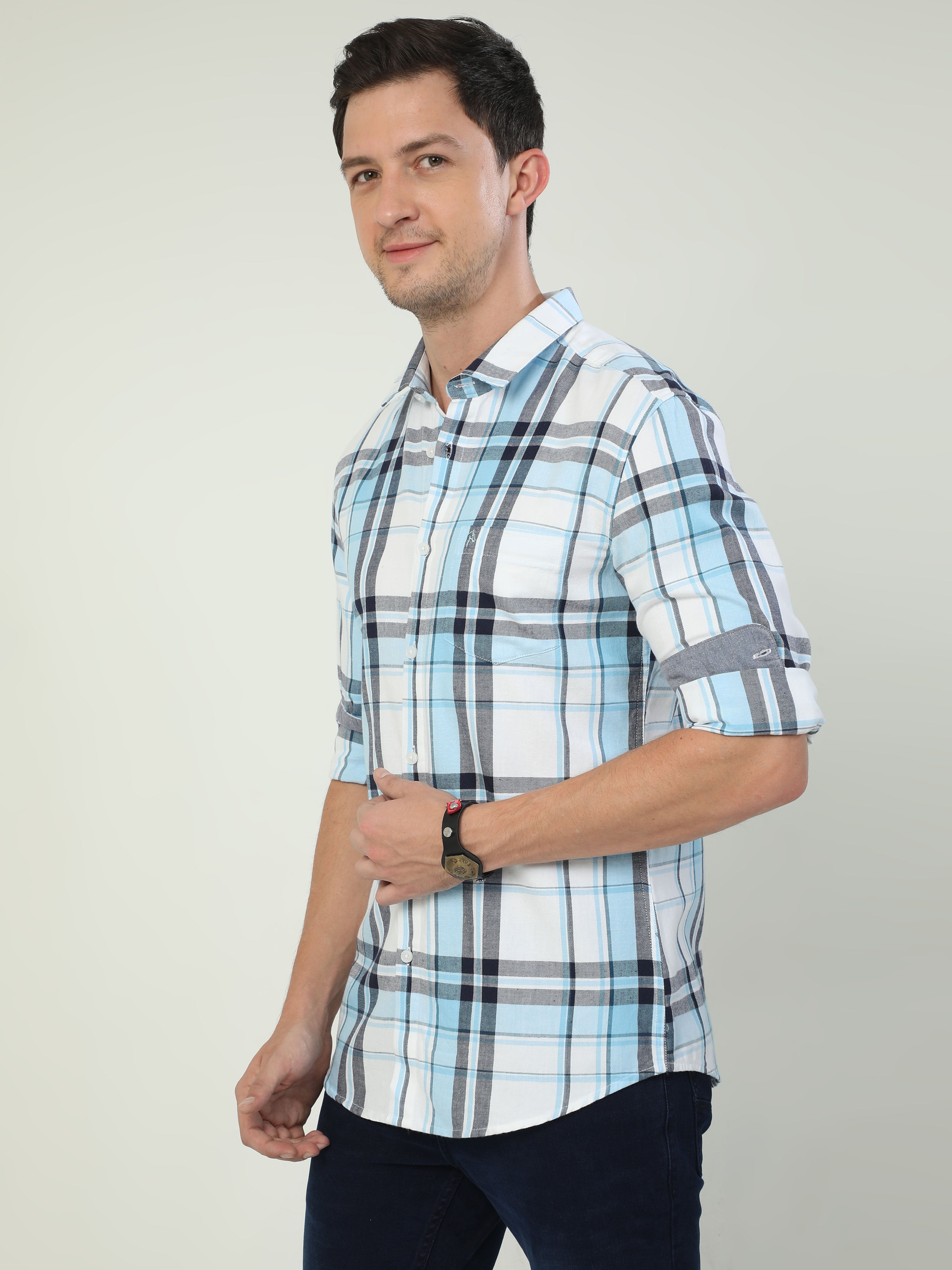 Classic Polo Men's Polo Neck Full Sleeve Slim Fit Cotton Woven Shirt | SBO2-08 A-FS-CHK-BSL