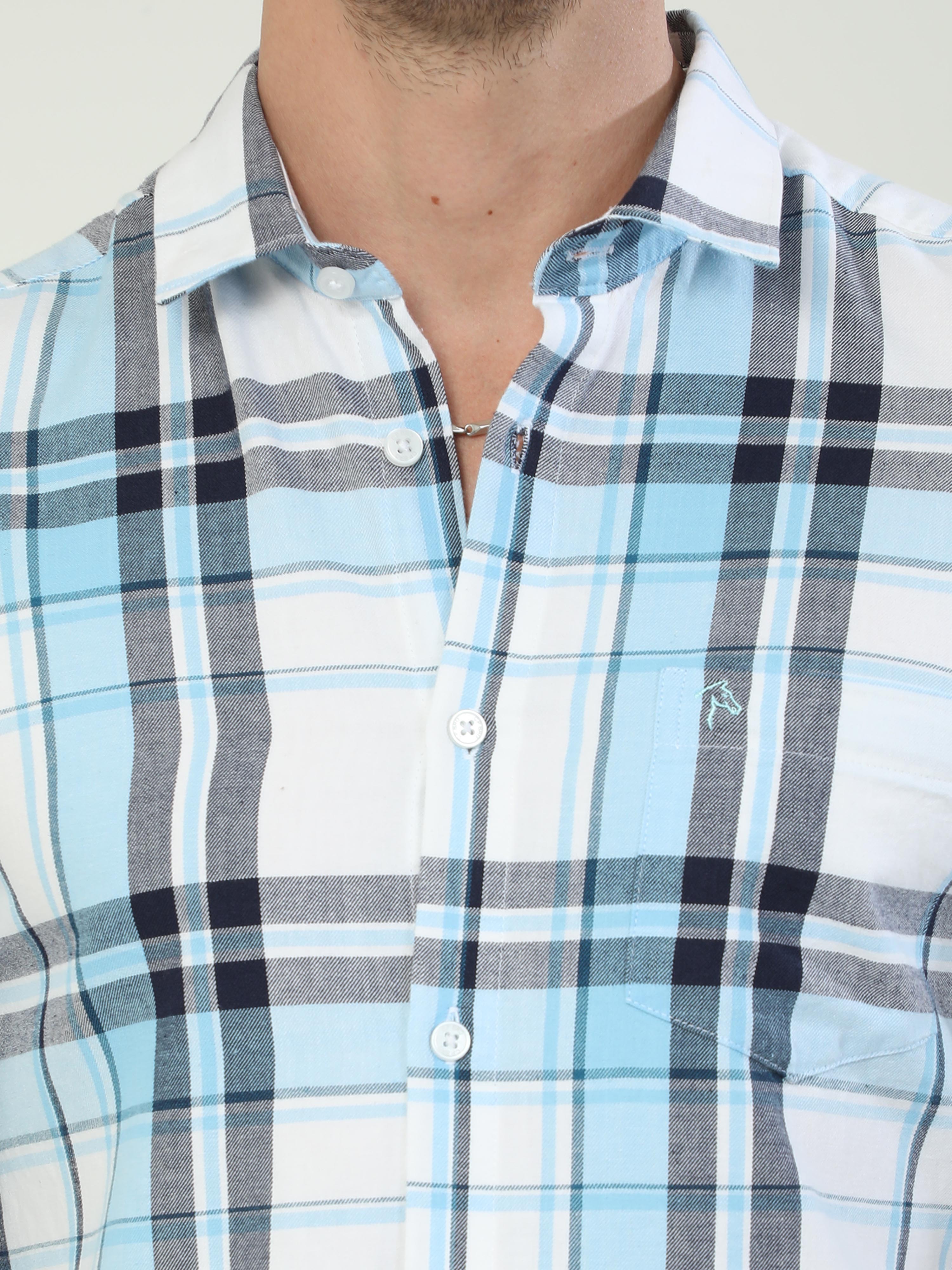 Classic Polo Men's Polo Neck Full Sleeve Slim Fit Cotton Woven Shirt | SBO2-08 A-FS-CHK-BSL