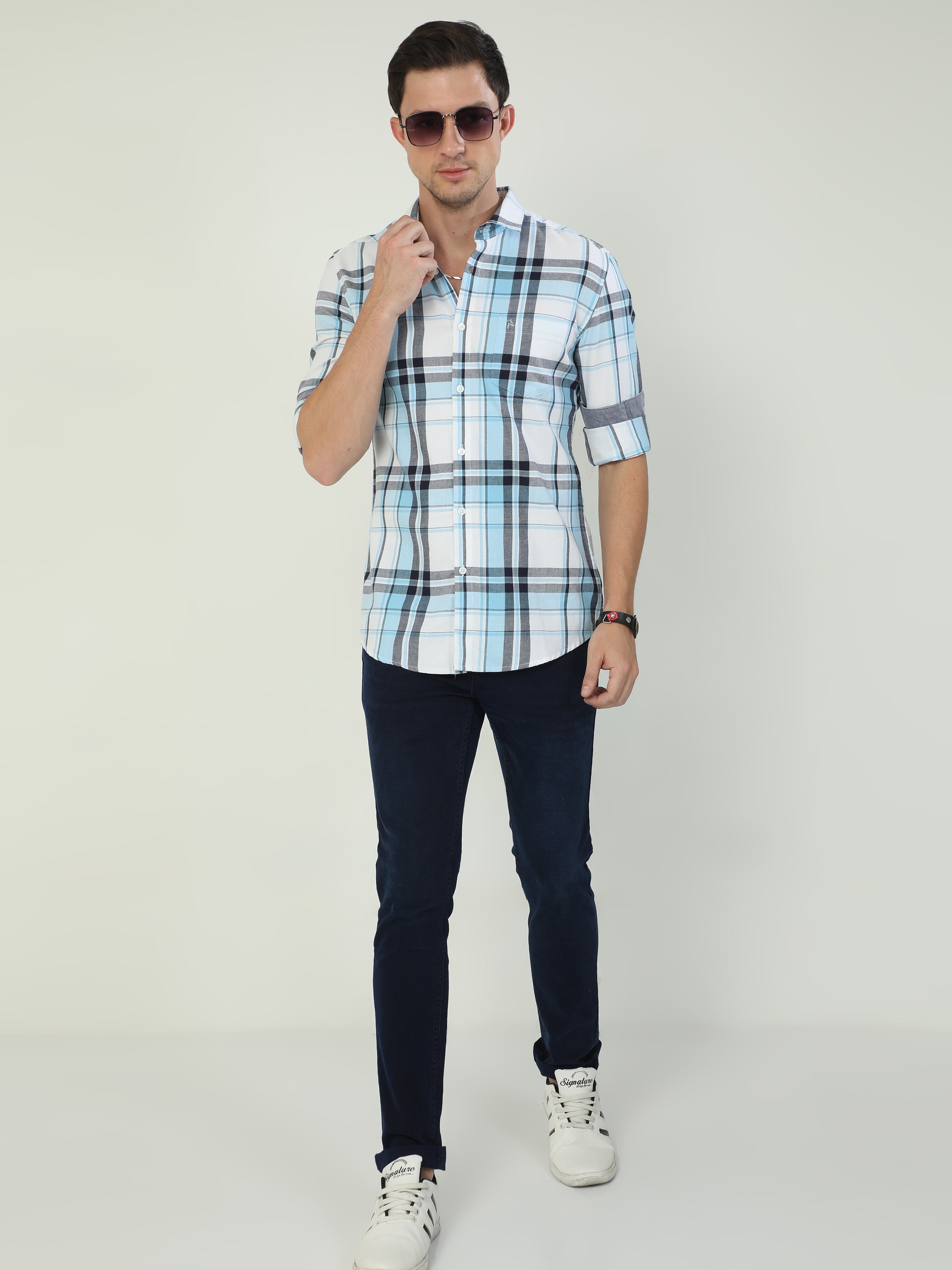 Classic Polo Men's Polo Neck Full Sleeve Slim Fit Cotton Woven Shirt | SBO2-08 A-FS-CHK-BSL