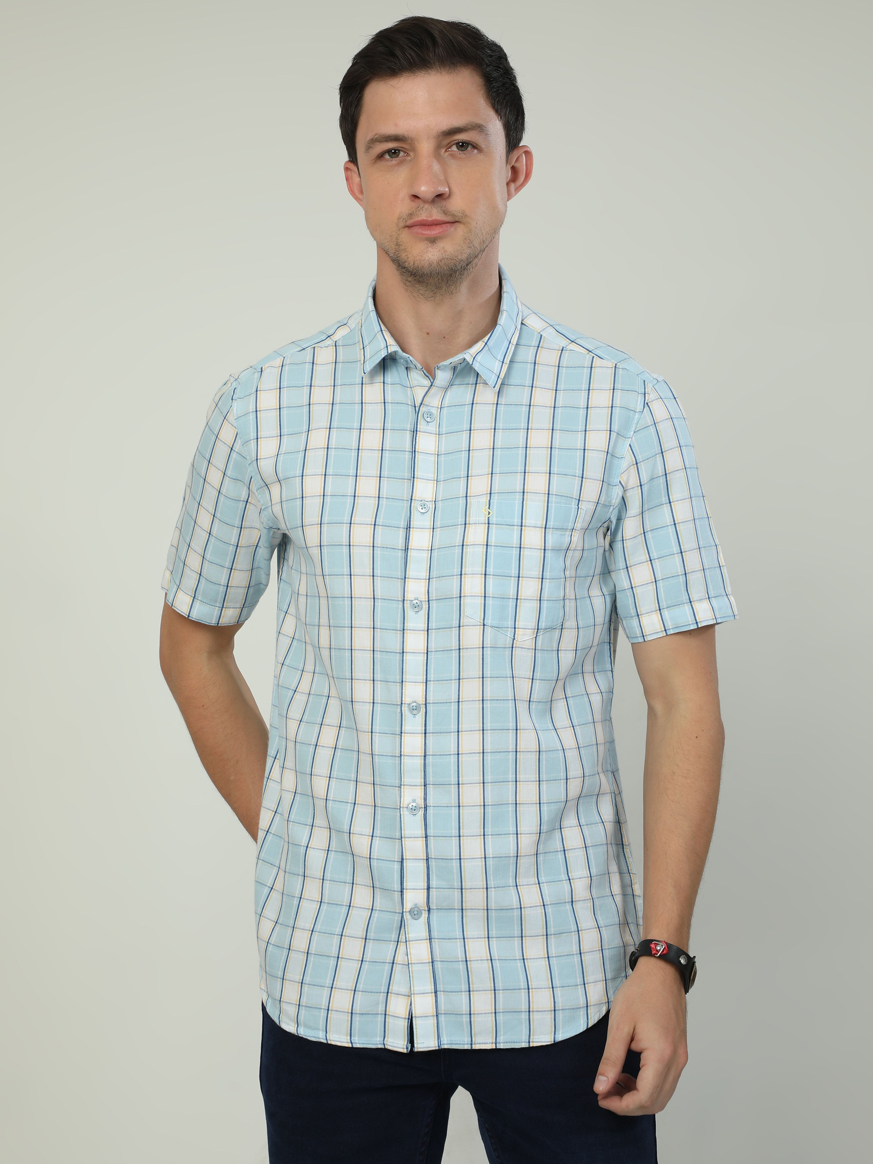 Classic Polo Men's Polo Neck Half Sleeve Slim Fit Cotton Woven Shirt | SO2-101 A-HS-CHK-SF