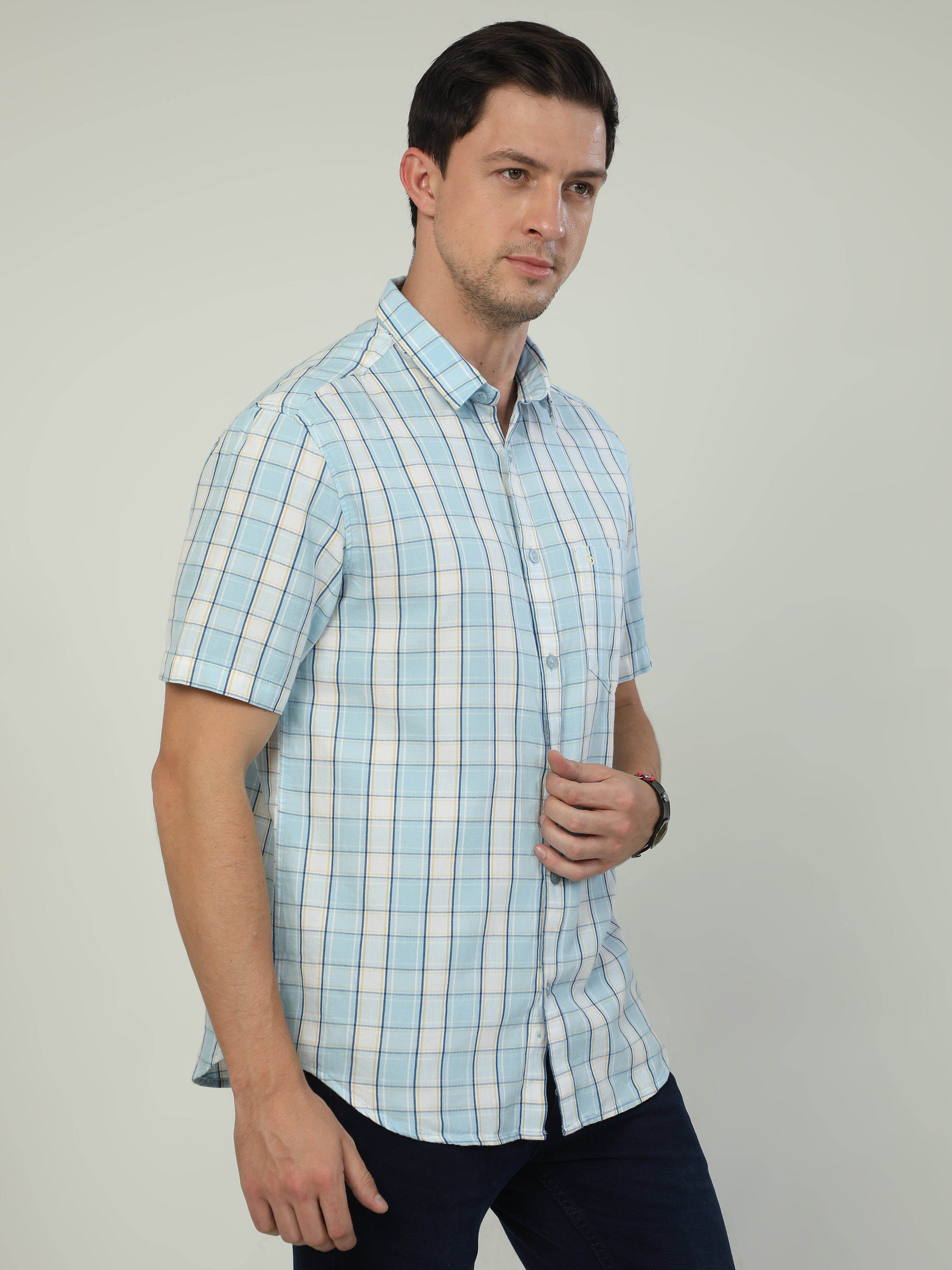 Classic Polo Men's Polo Neck Half Sleeve Slim Fit Cotton Woven Shirt | SO2-101 A-HS-CHK-SF
