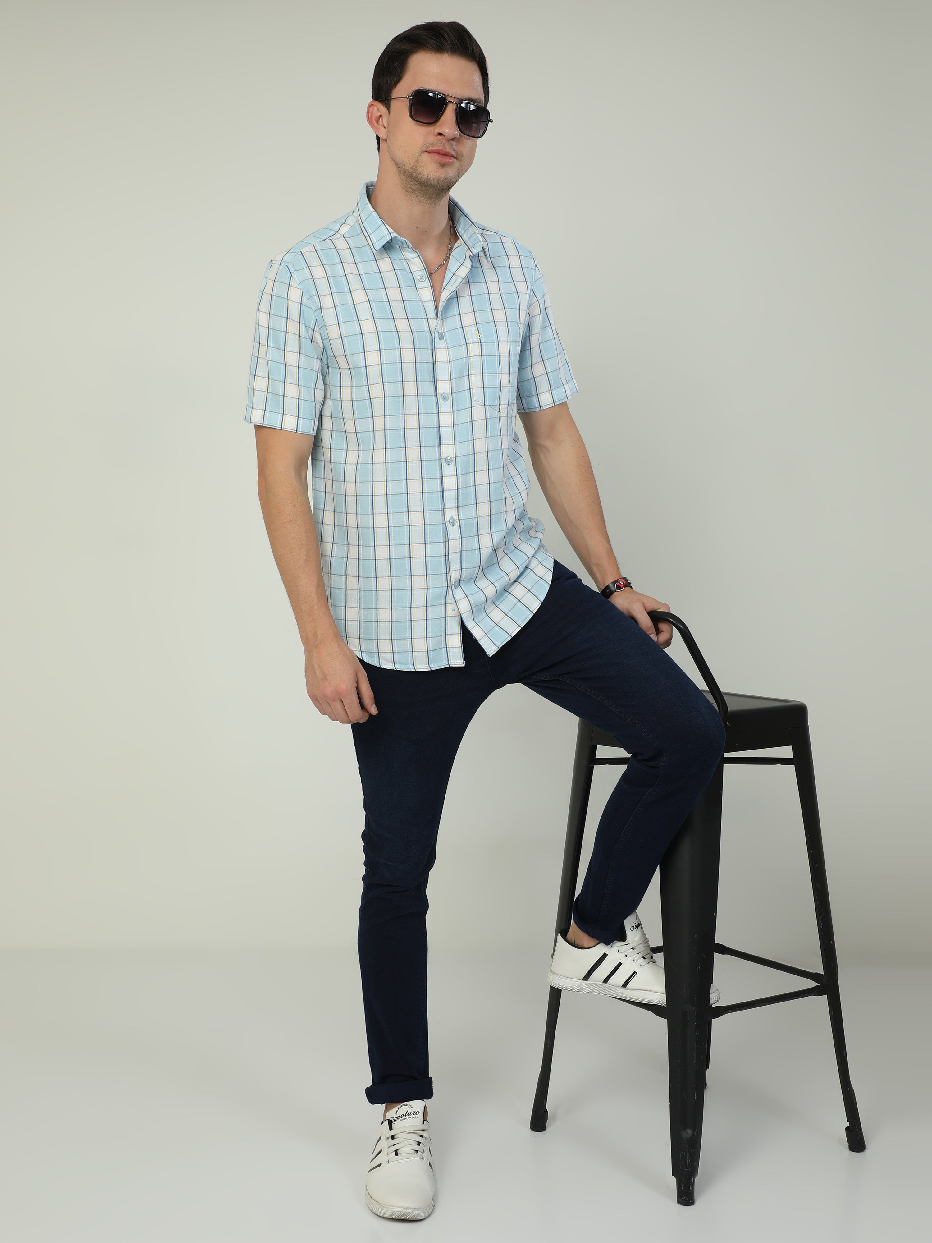 Classic Polo Men's Polo Neck Half Sleeve Slim Fit Cotton Woven Shirt | SO2-101 A-HS-CHK-SF