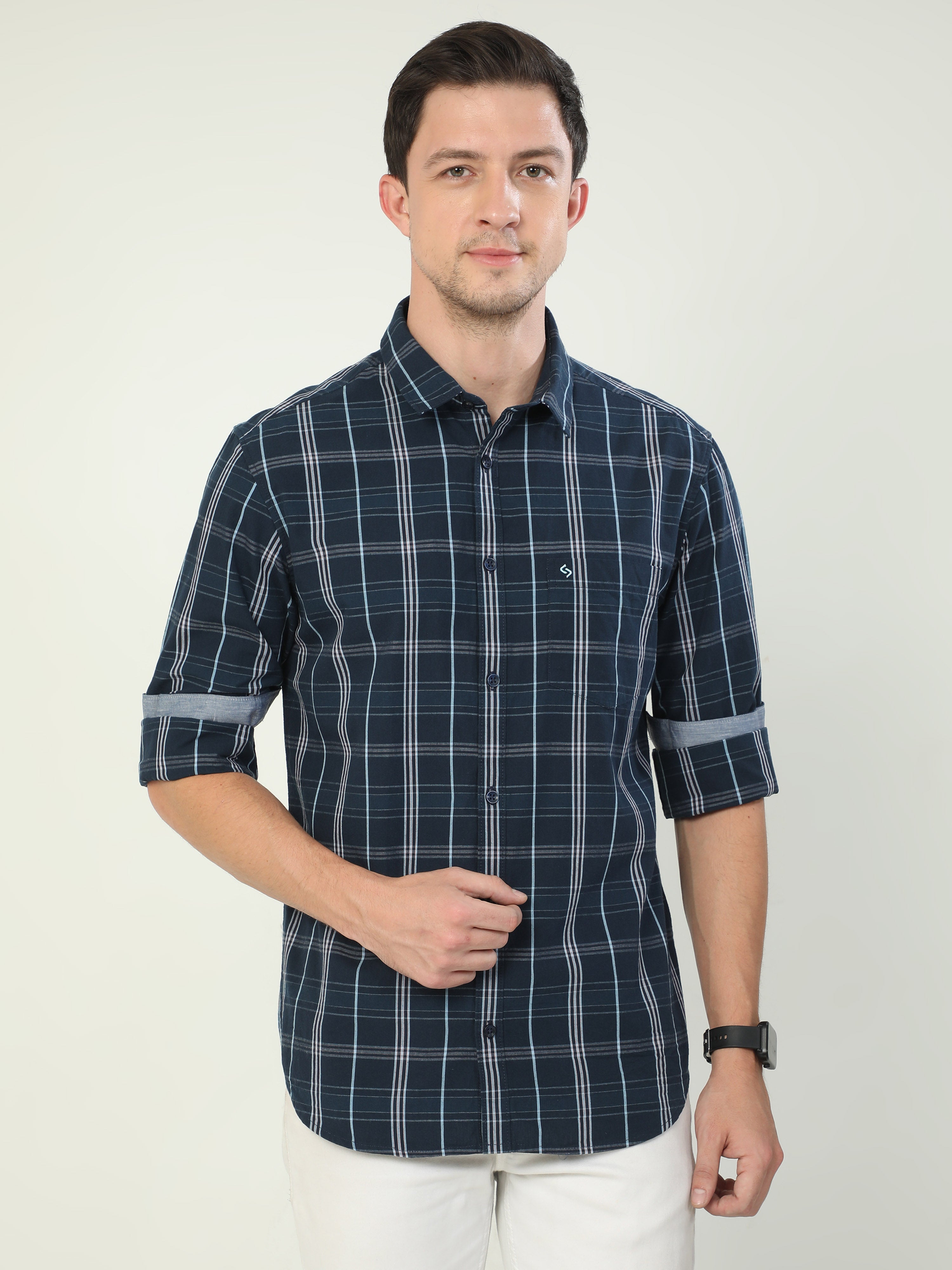 Classic Polo Men's Polo Neck Full Sleeve Slim Fit Cotton Woven Shirt | SO2-100 A-FS-CHK-SF