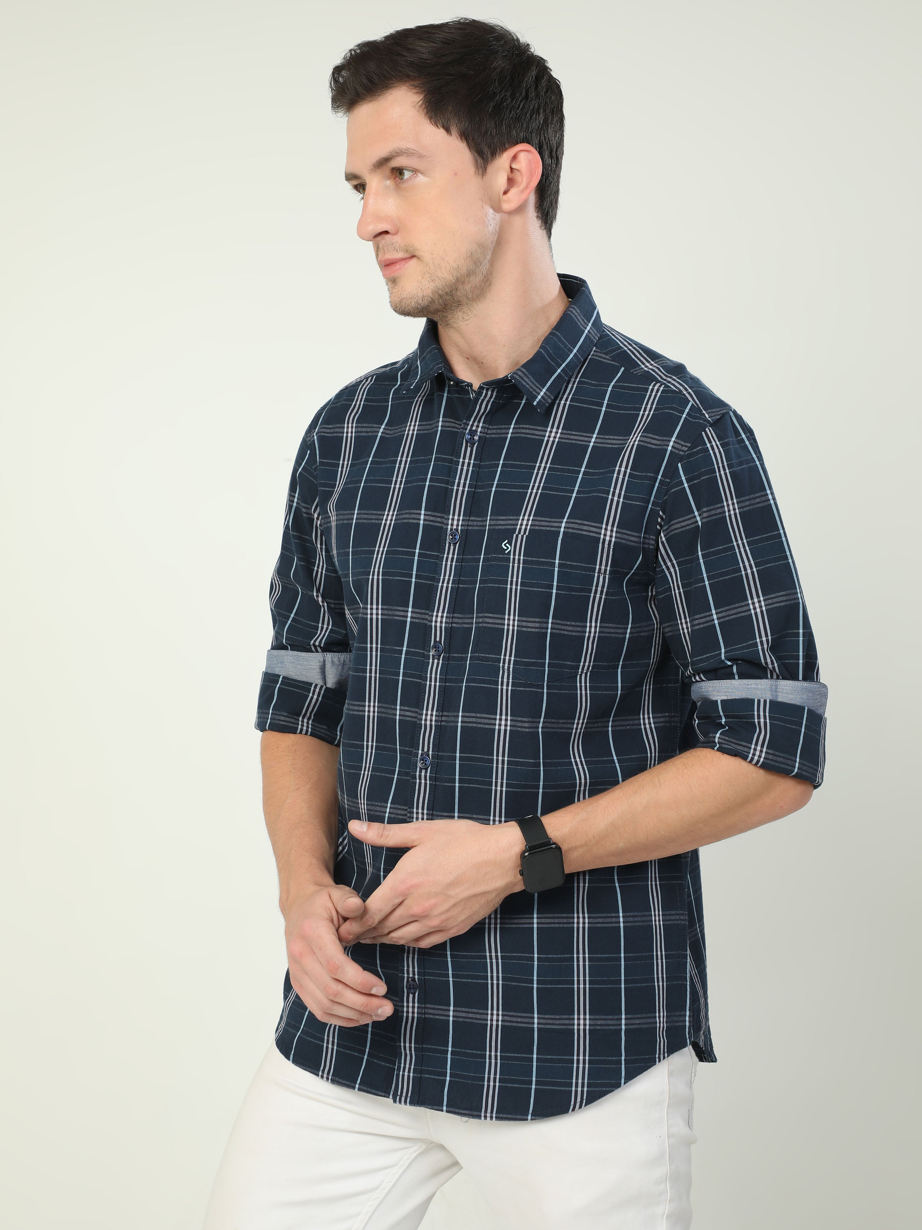 Classic Polo Men's Polo Neck Full Sleeve Slim Fit Cotton Woven Shirt | SO2-100 A-FS-CHK-SF