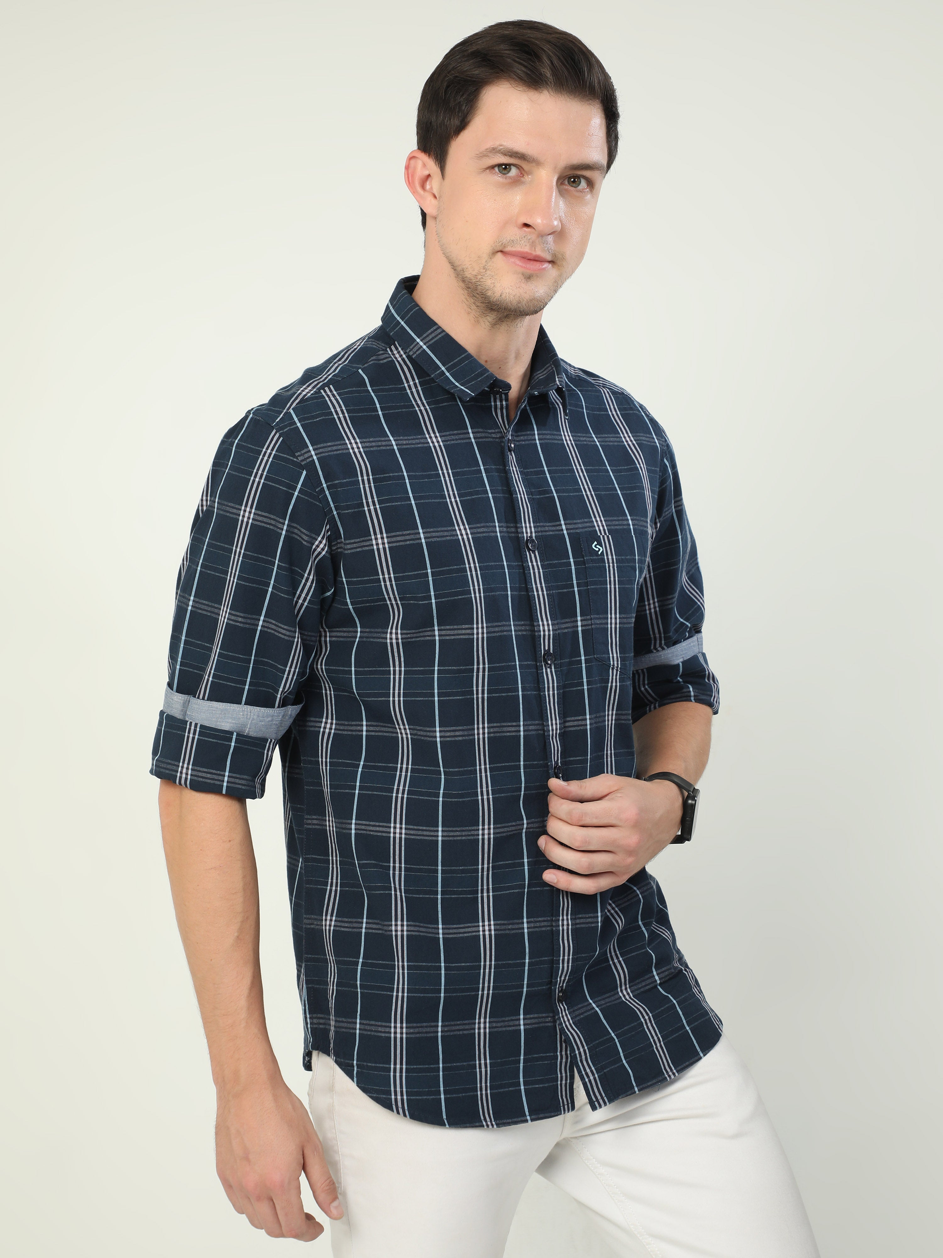 Classic Polo Men's Polo Neck Full Sleeve Slim Fit Cotton Woven Shirt | SO2-100 A-FS-CHK-SF