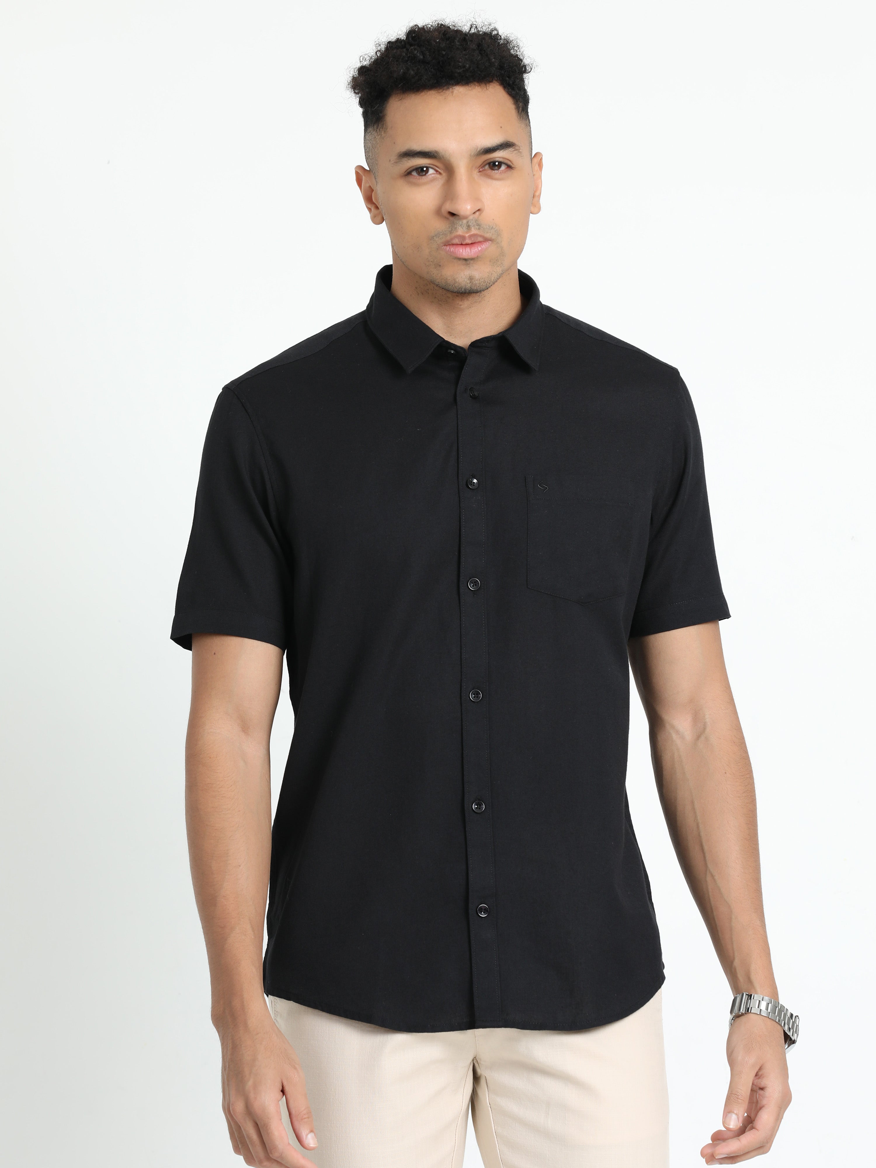 Classic Polo Men's Solid Black Cotton Linen Half Sleeve Woven Shirt | DAMASK-BLACK-SF-HS