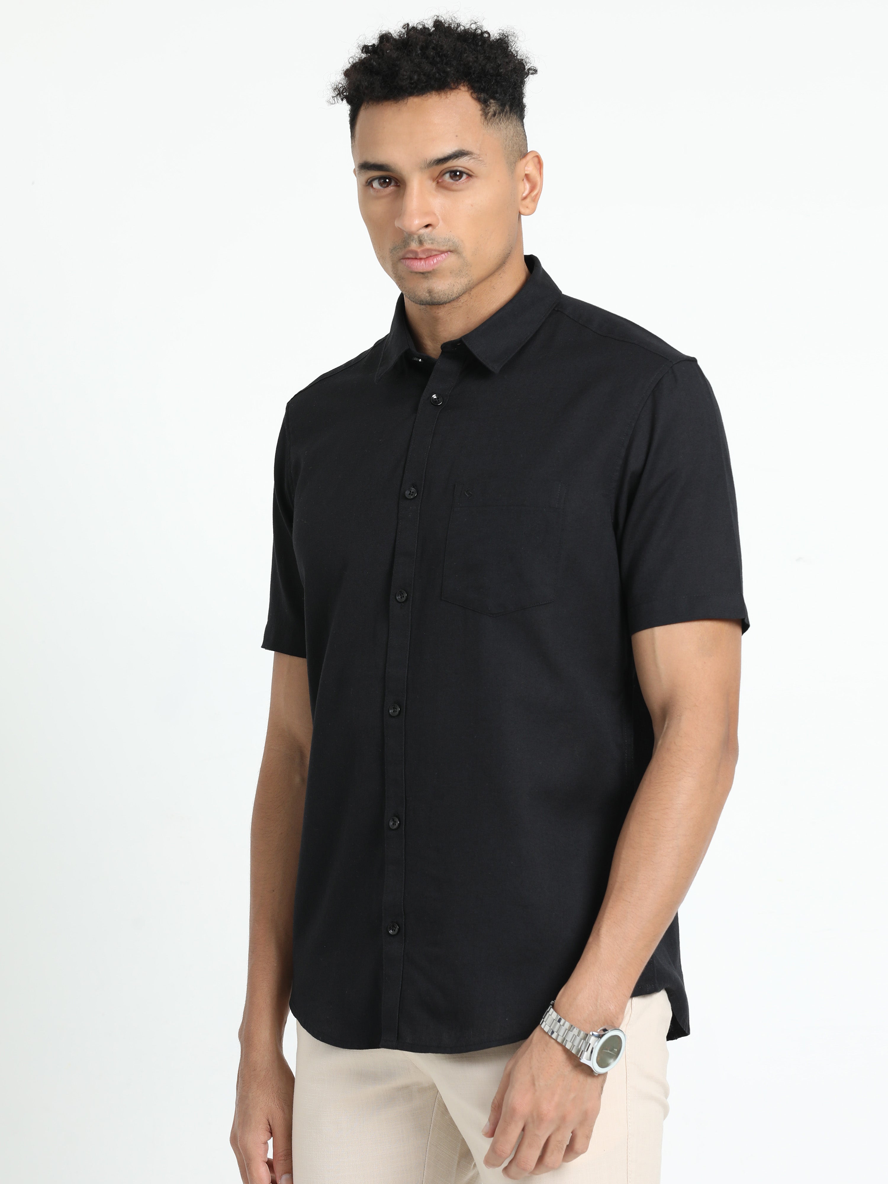 Classic Polo Men's Solid Black Cotton Linen Half Sleeve Woven Shirt | DAMASK-BLACK-SF-HS